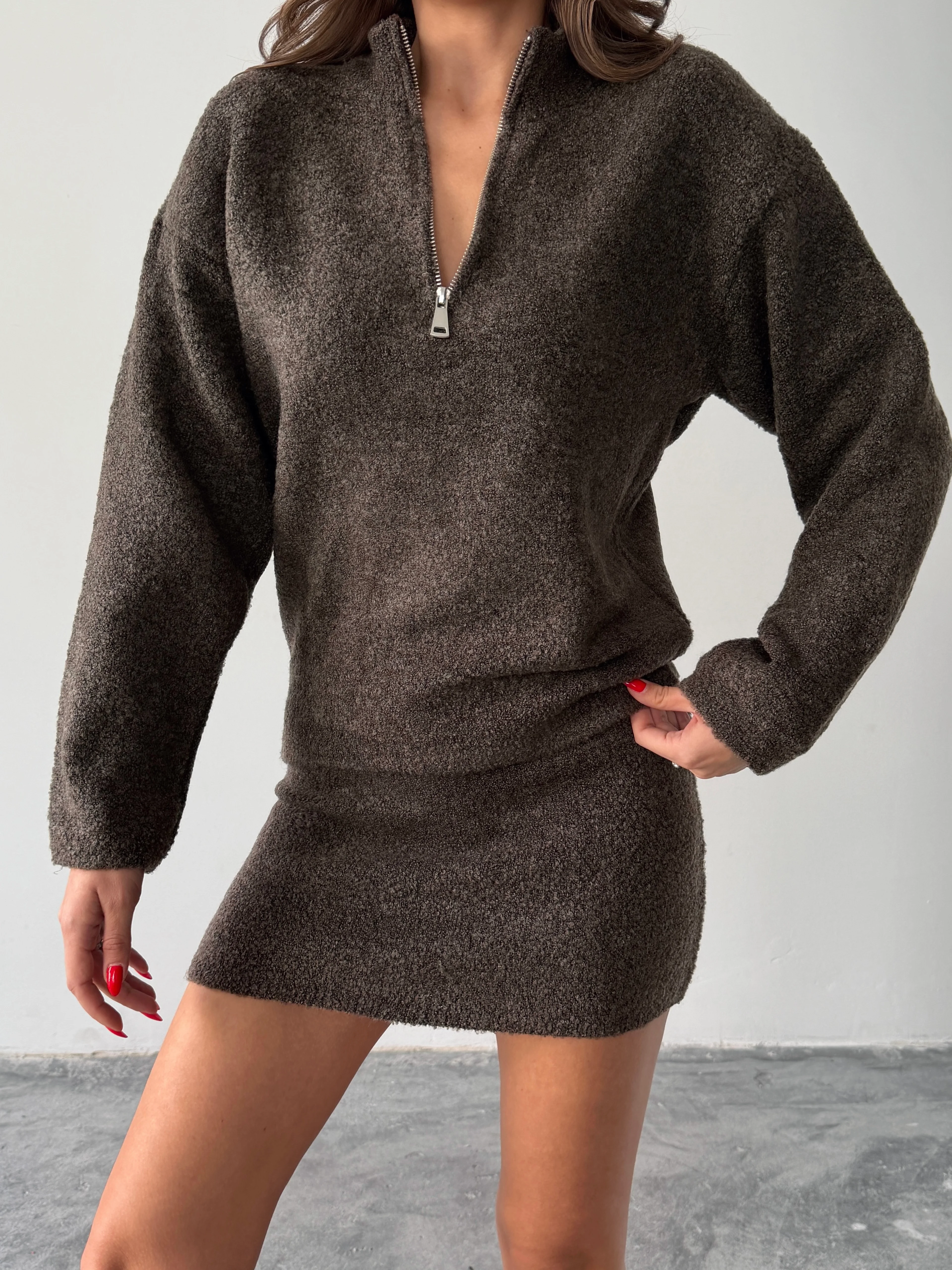 Yarım Fermuarlı Triko Takım  - Kahve