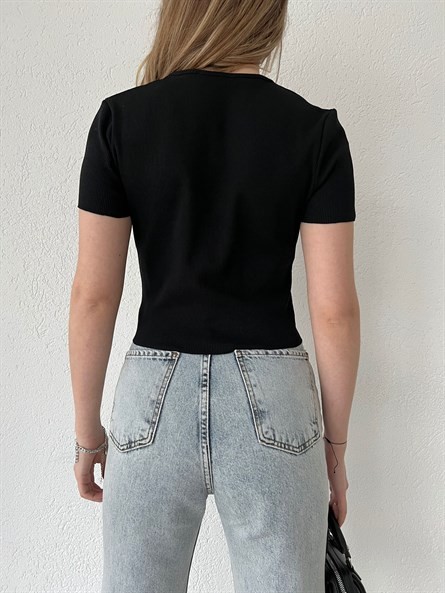 Boyun Dekolte Fitilli Basic Siyah