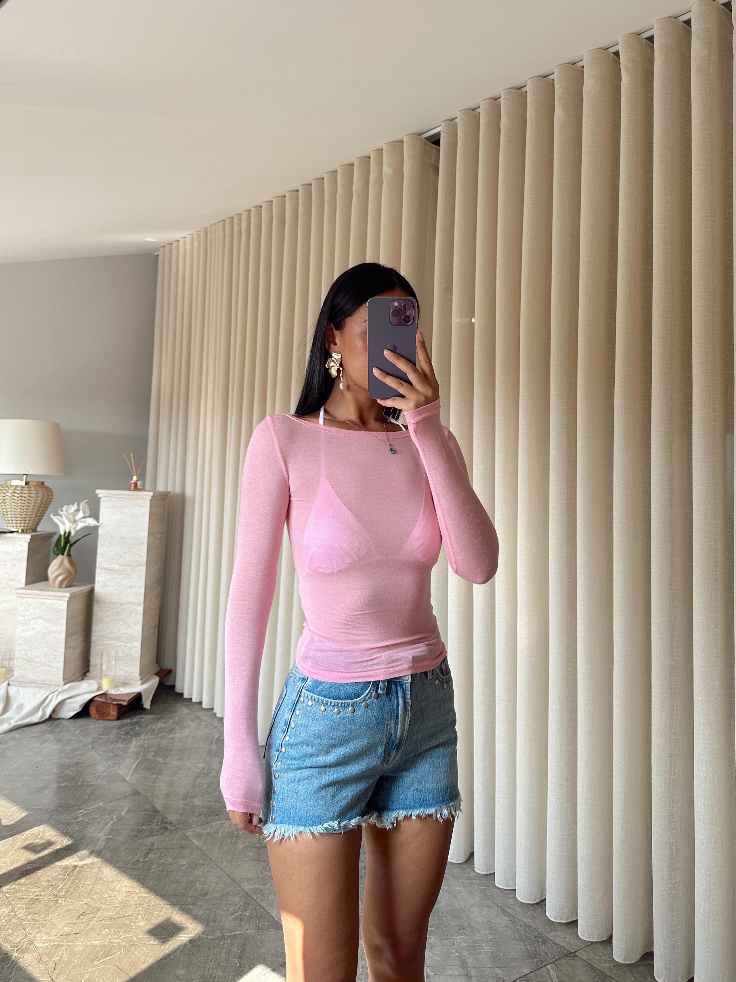 Kayık Yaka Transparan Bluz  - Pudra Pembe