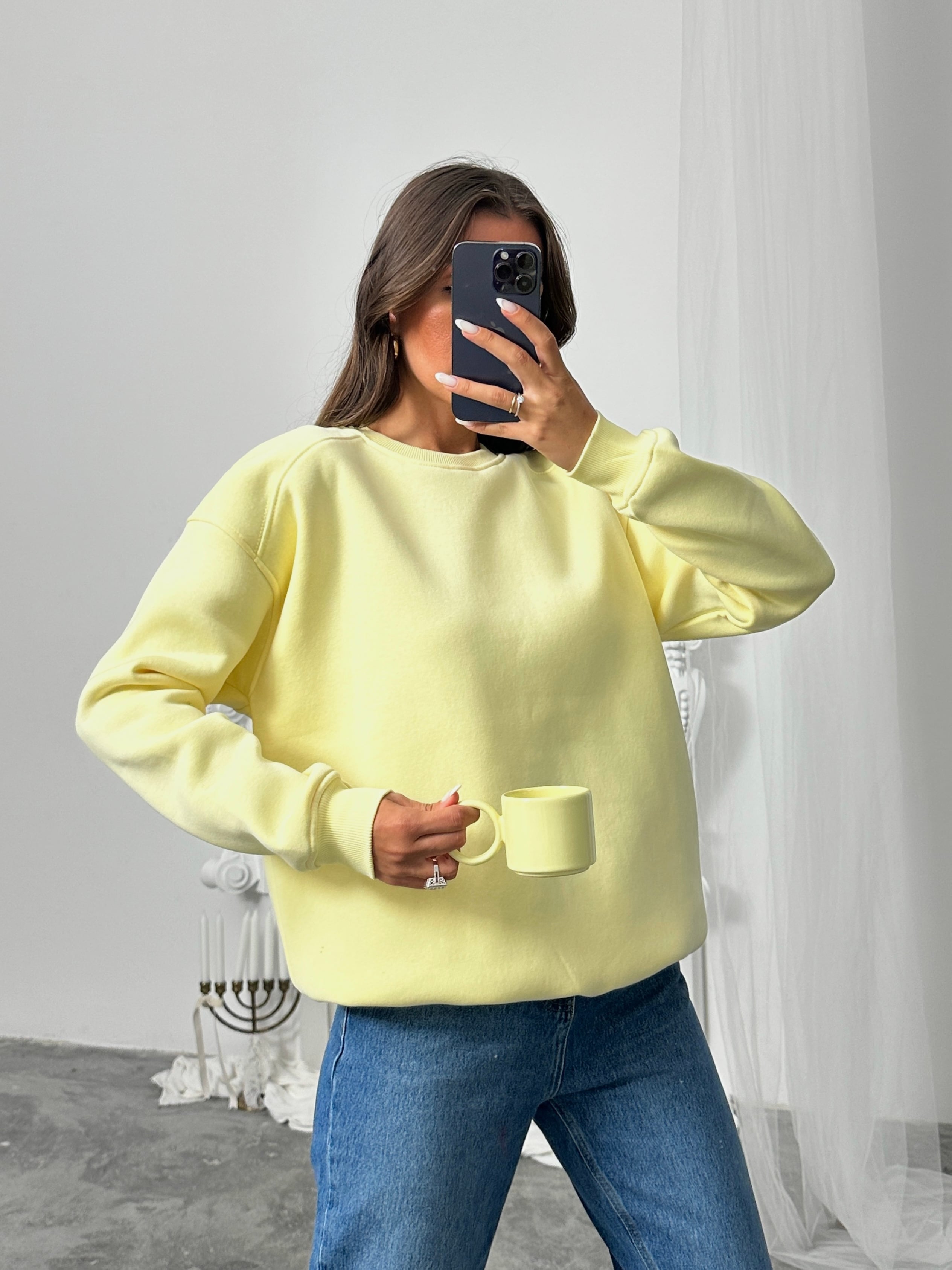 Bisiklet Yaka Ribanalı Sweat - Sarı