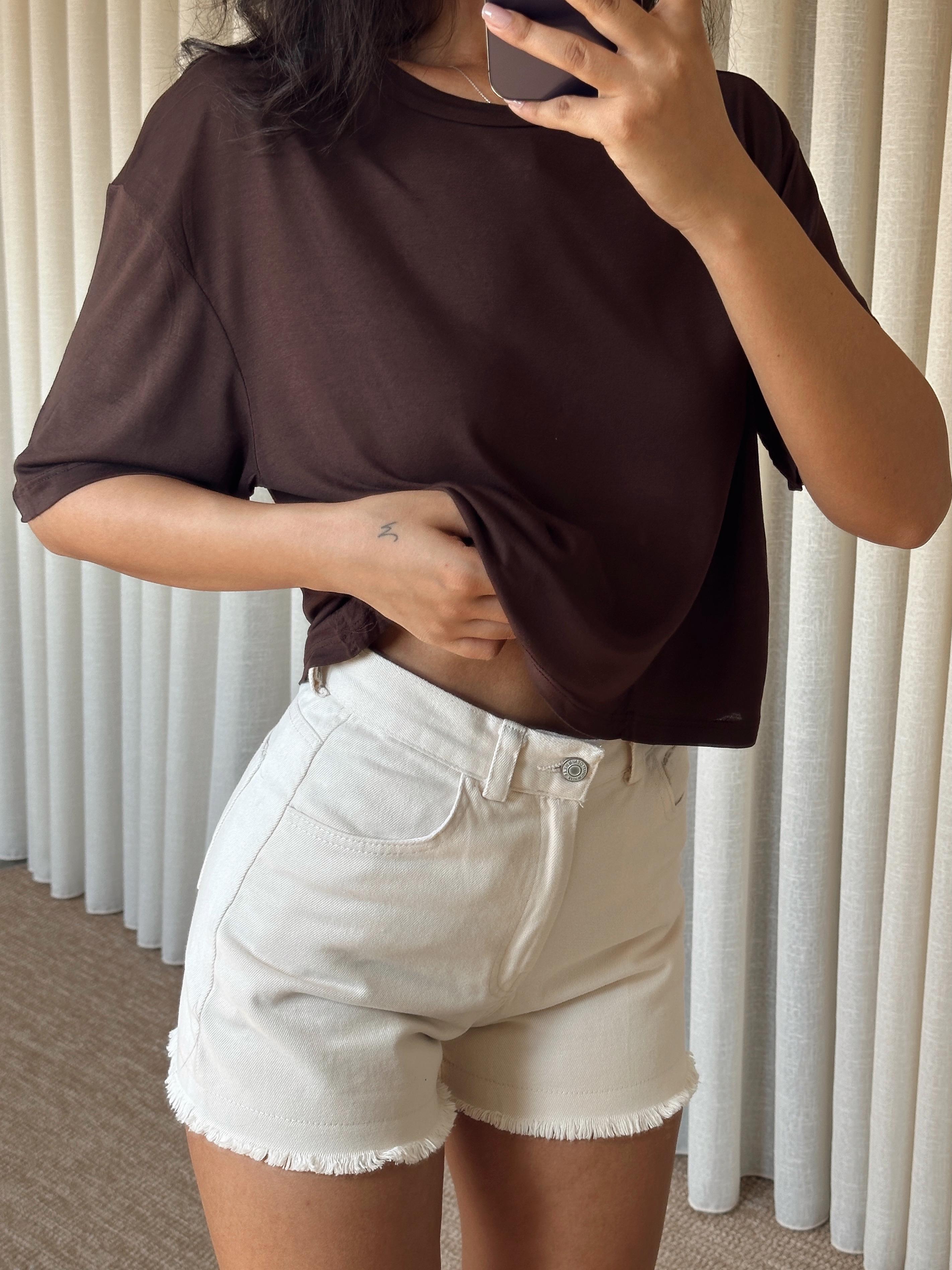 Düz Kısa Kol Crop Basic - Kahve
