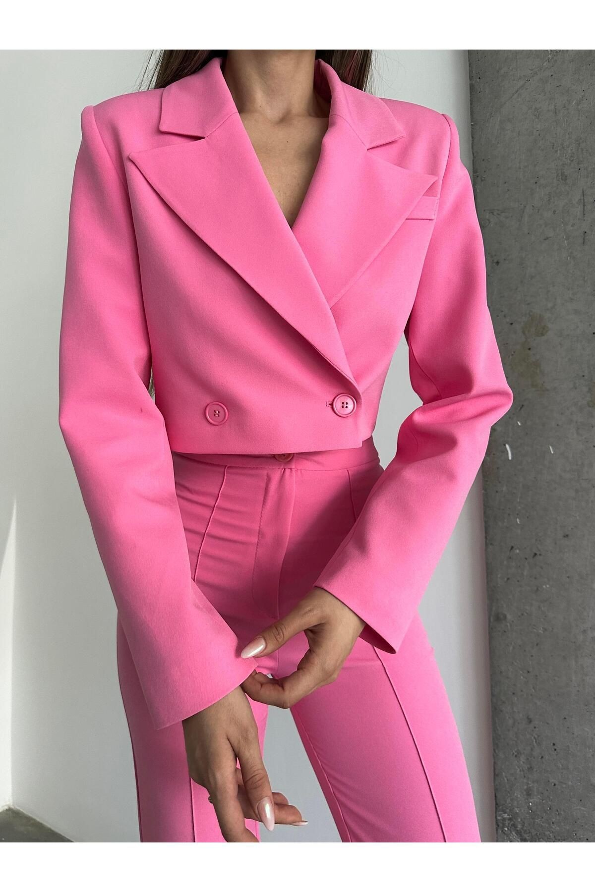 Çift Düğme Crop Blazer Ceket Pembe