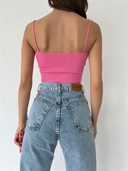 Kare Yaka İnce Askı Triko Bluz Pembe