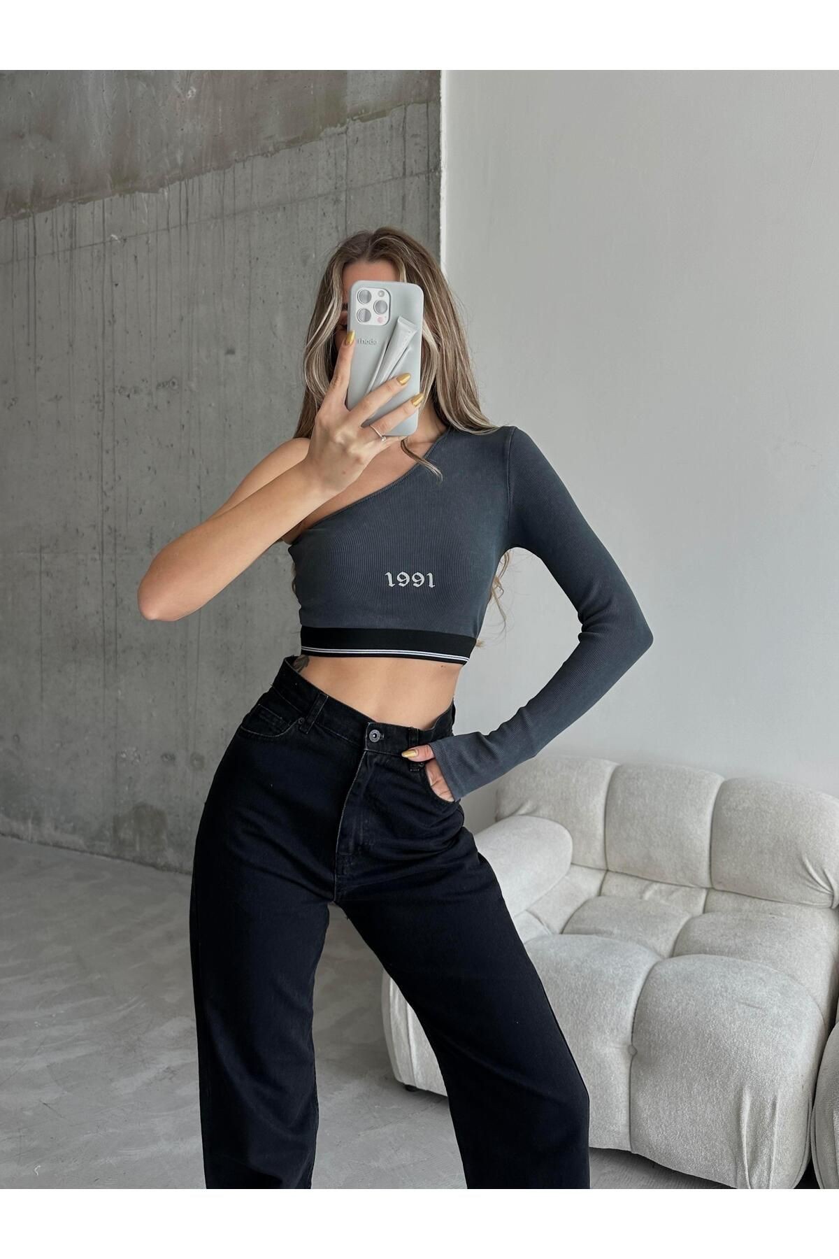 Petra Baskılı Tek Kol Crop Antrasit