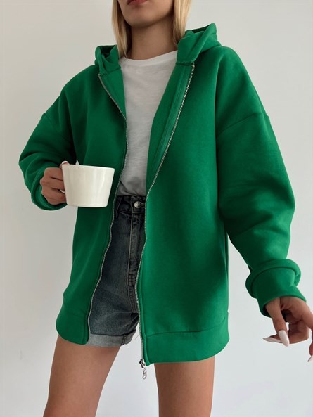 3 İplik Kapüşonlu Fermuarlı Sweatshirt Koyu Yeşil