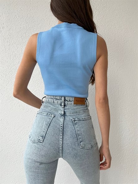 Dik Yaka Kolsuz Triko Bluz Bebe Mavi