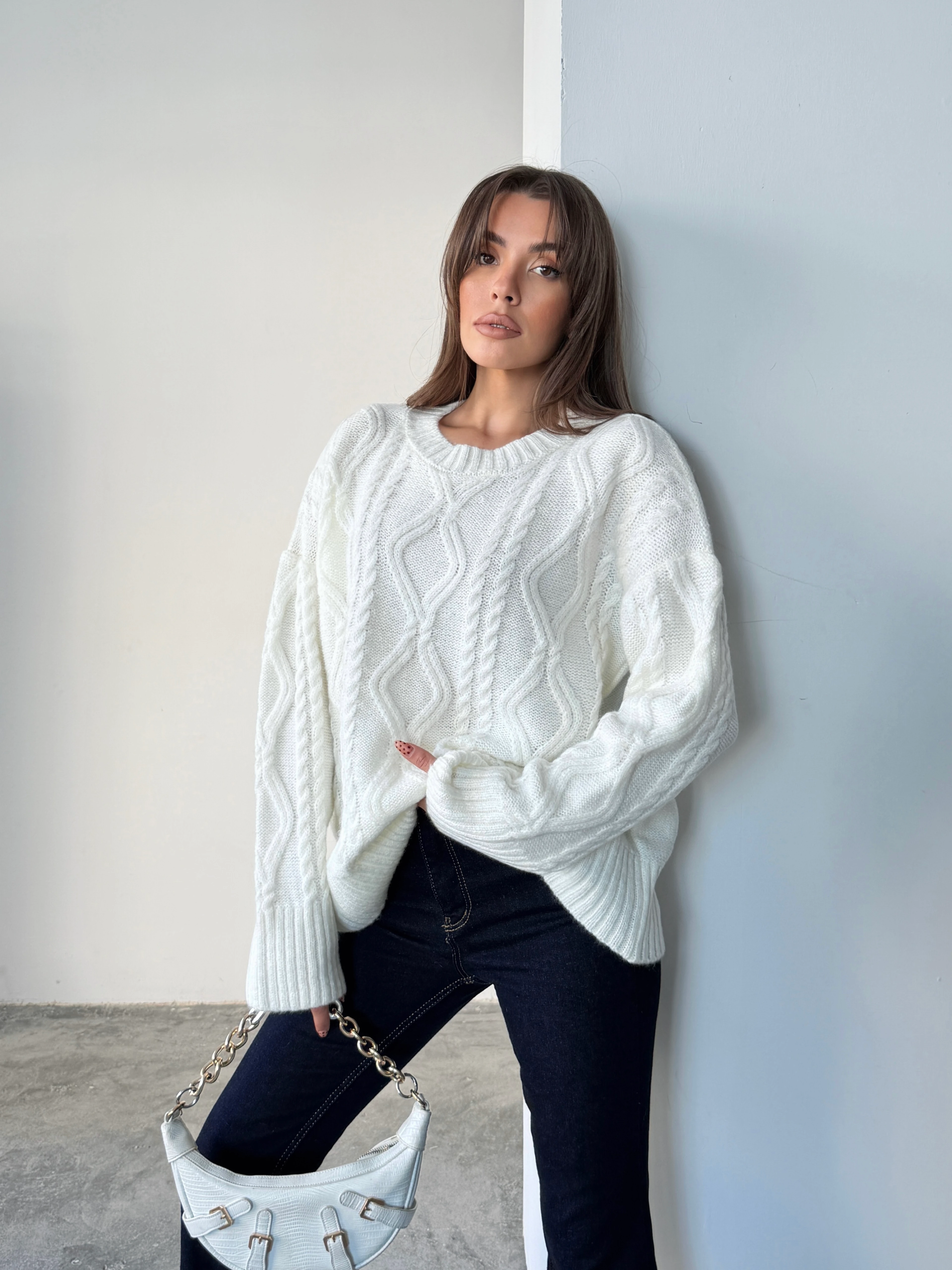 Saç Örgü Desenli Yıkamalı Triko - Ekru