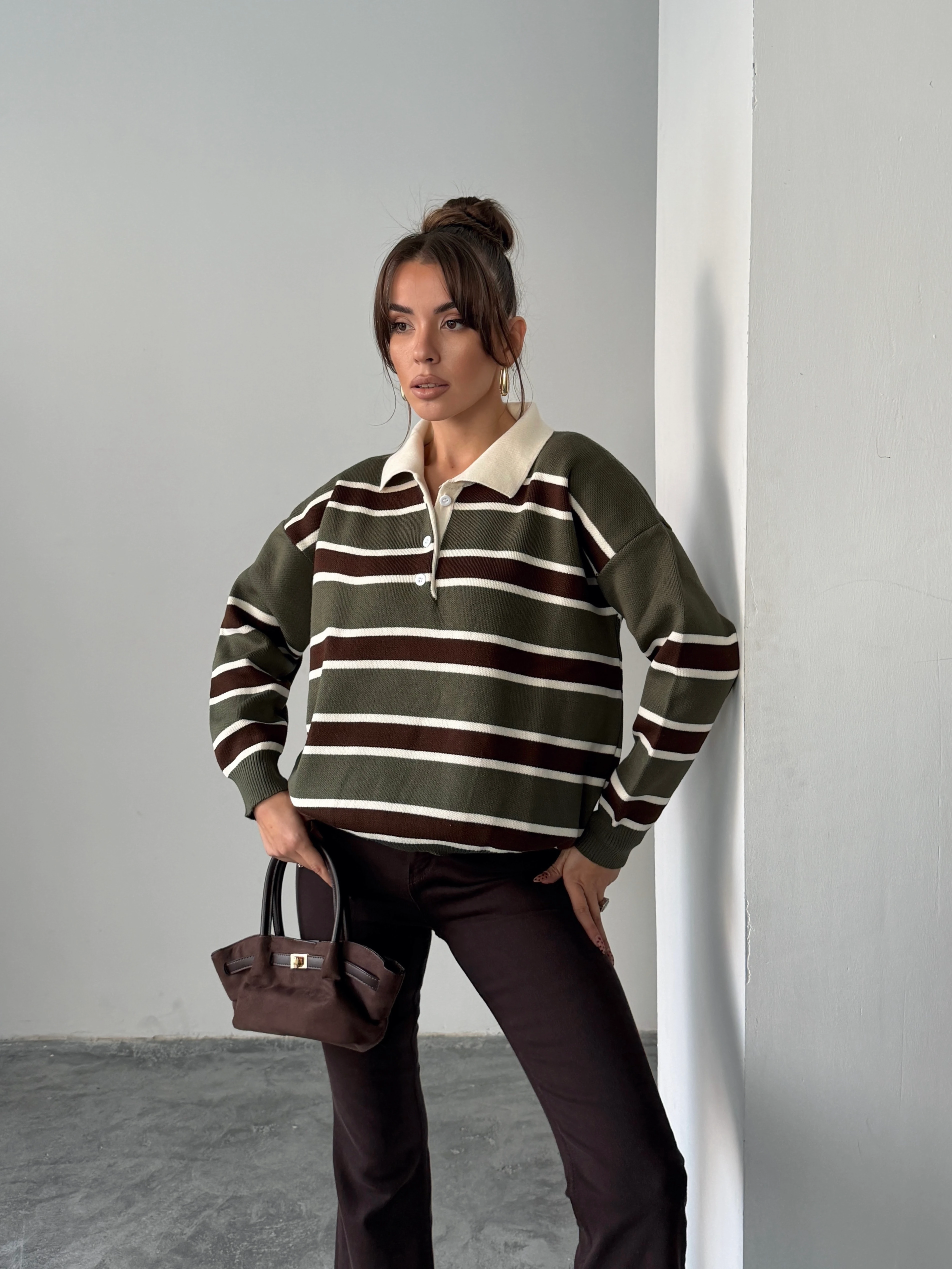 Polo Yaka Çizgili Triko - haki-kahve