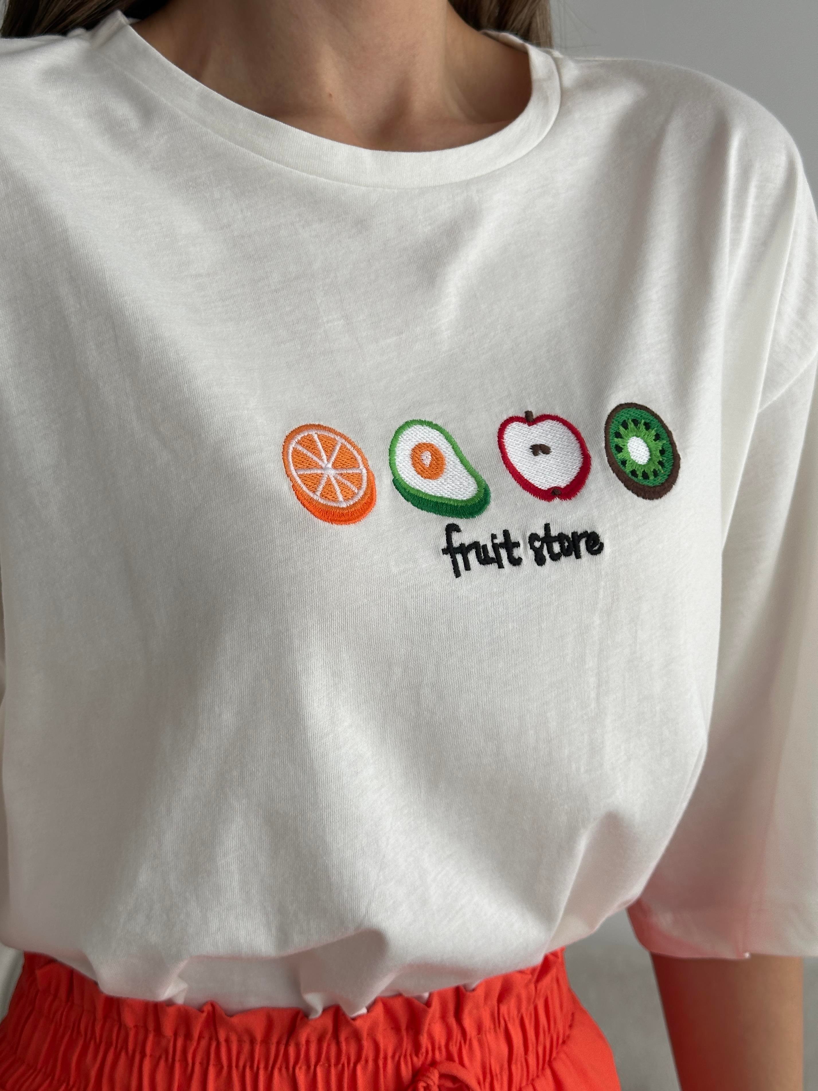 Fruit Nakış Basic T-shirt Beyaz