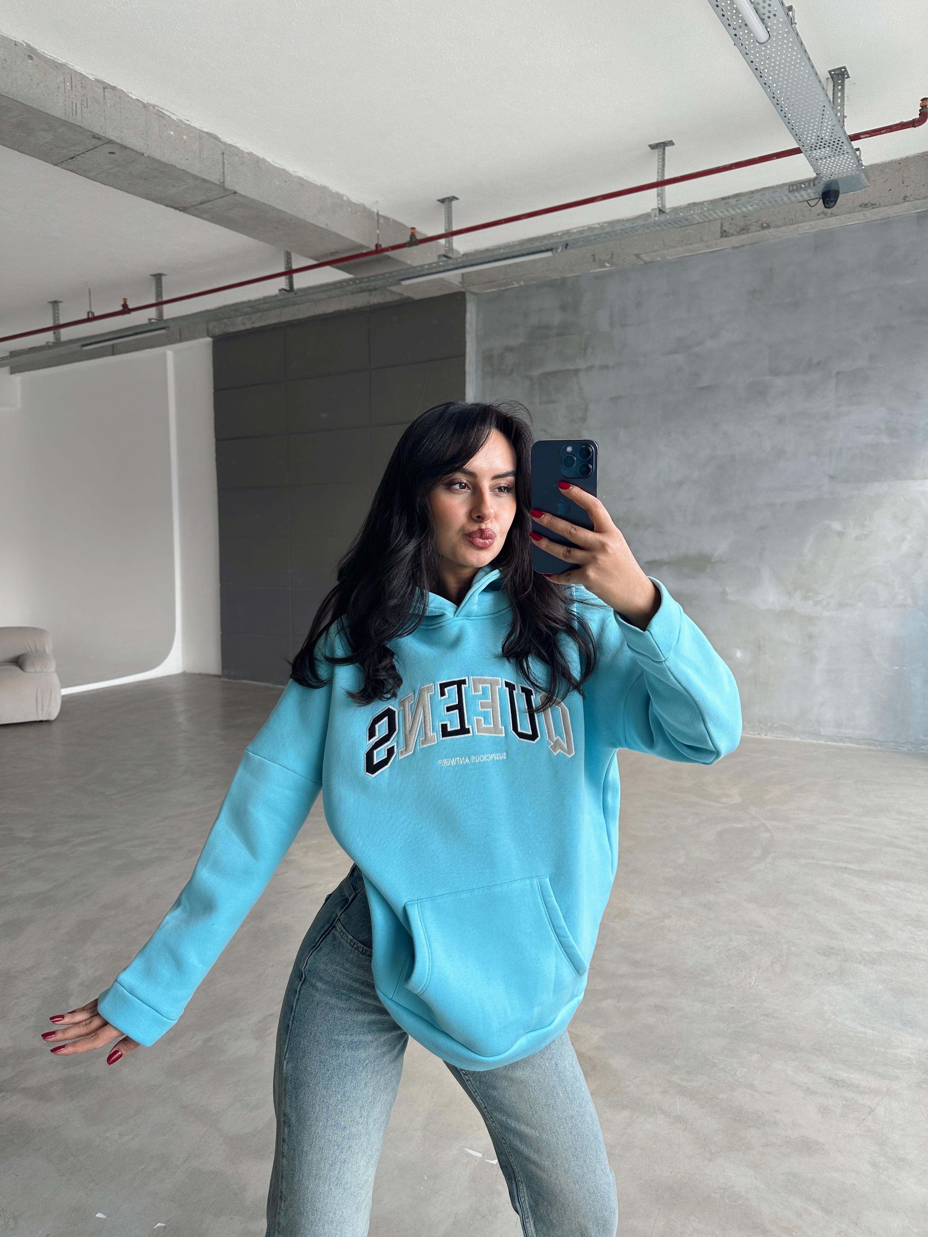 Queens Üç İplik Kapüşonlu Oversize Sweat Mavi