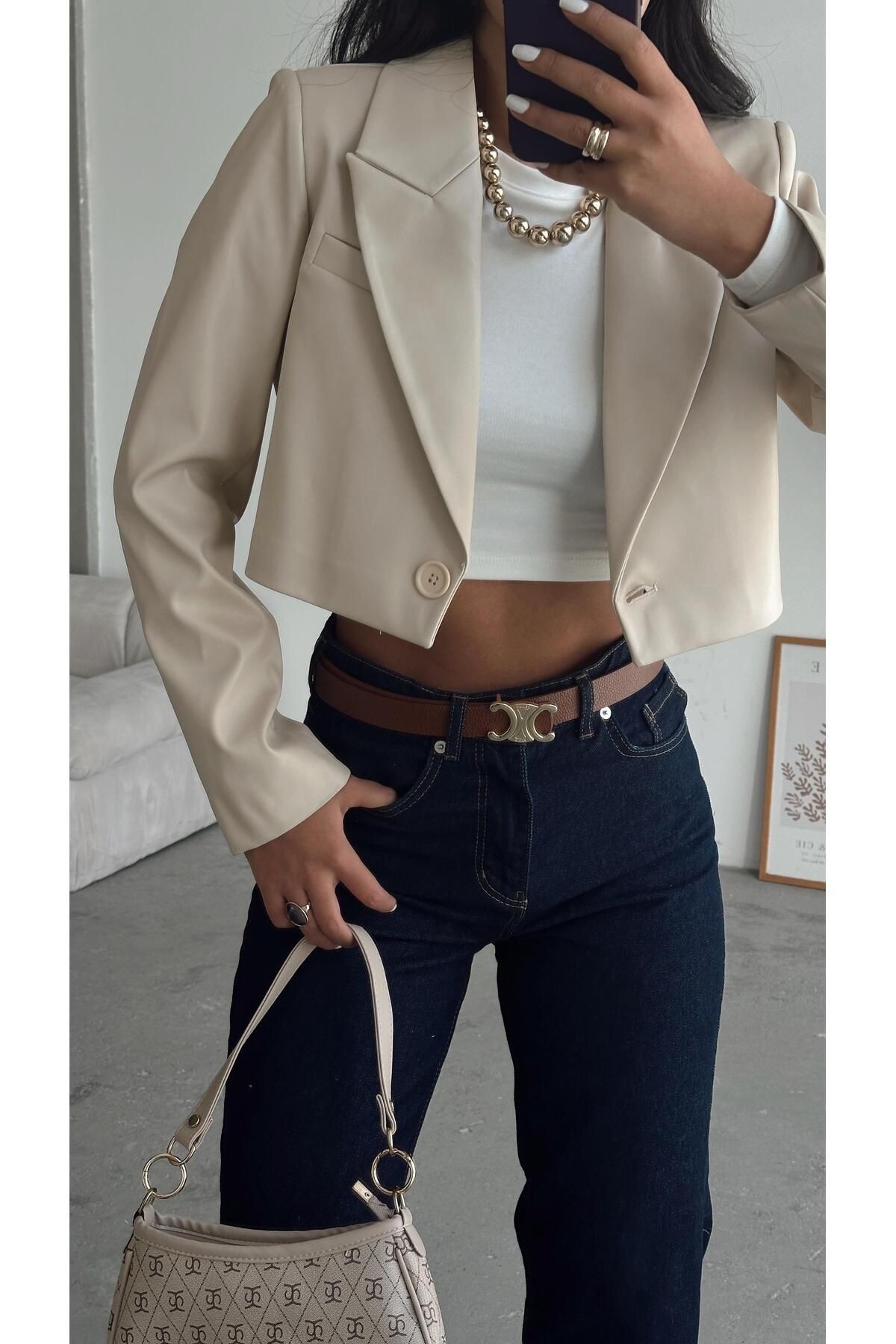 Crop Deri Blazer Ceket Bej