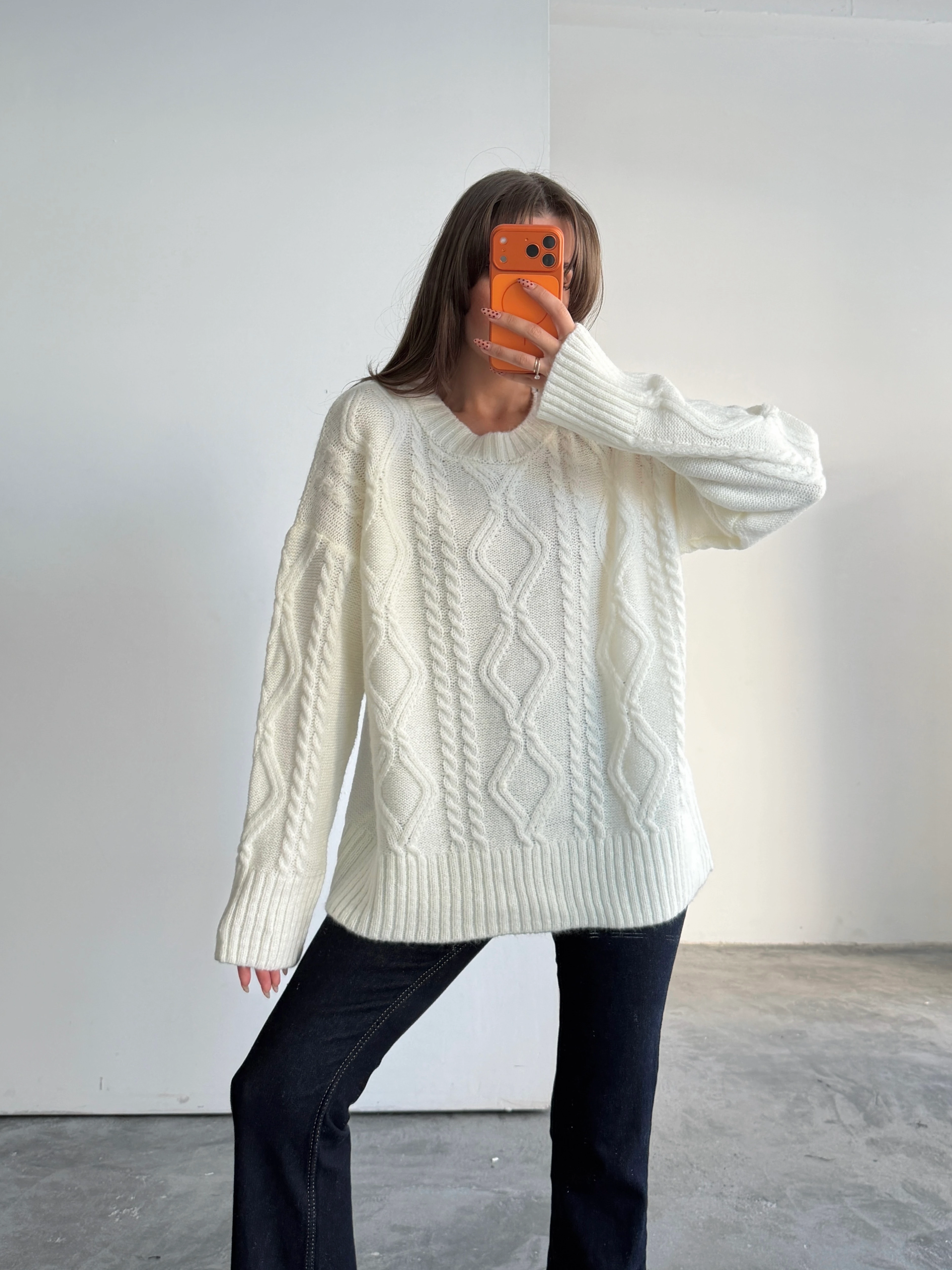 Saç Örgü Desenli Yıkamalı Triko - Ekru