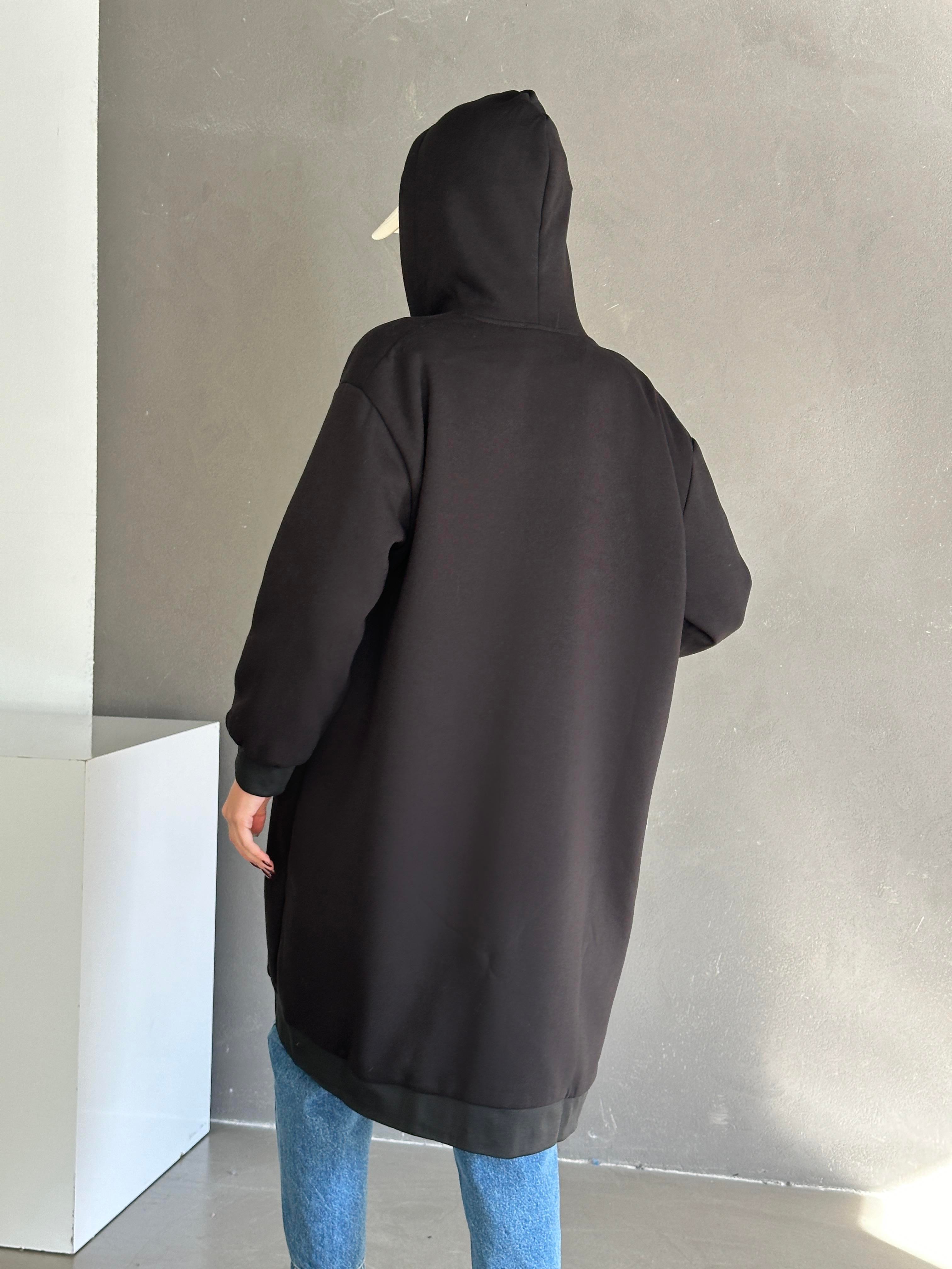 Uzun 3 İplik Şardonlu Fermuarlı Hırka Siyah