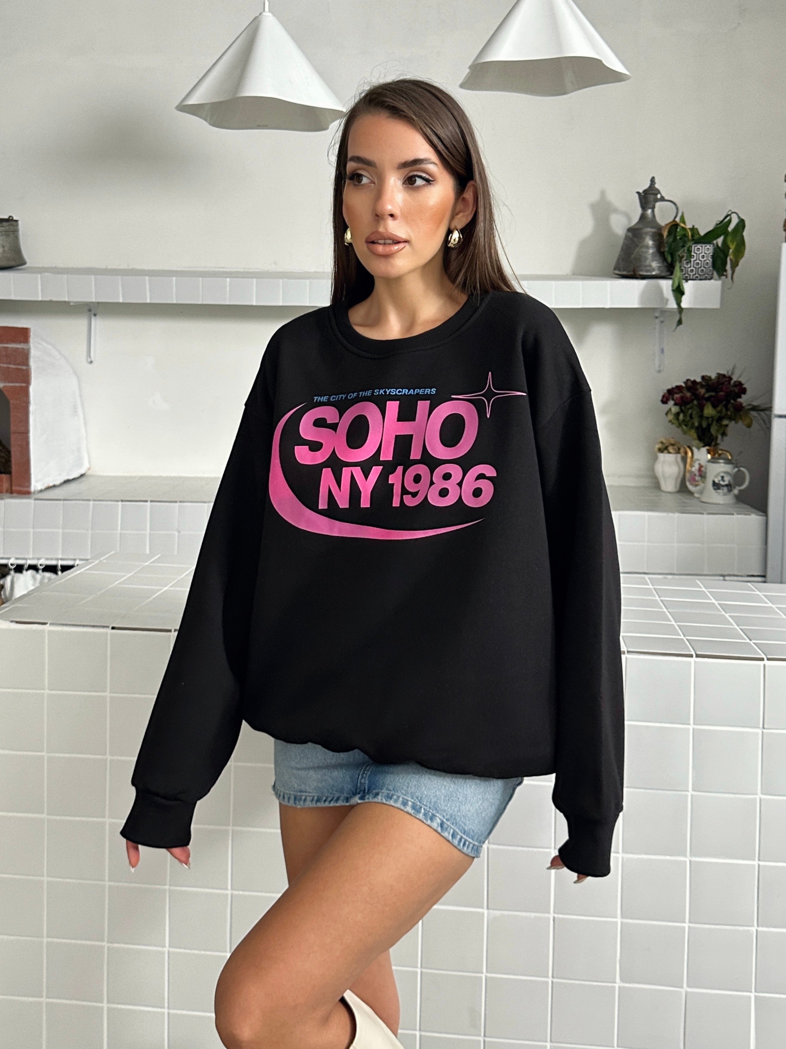 Soho Baskı Bisiklet Yaka Sweat Siyah