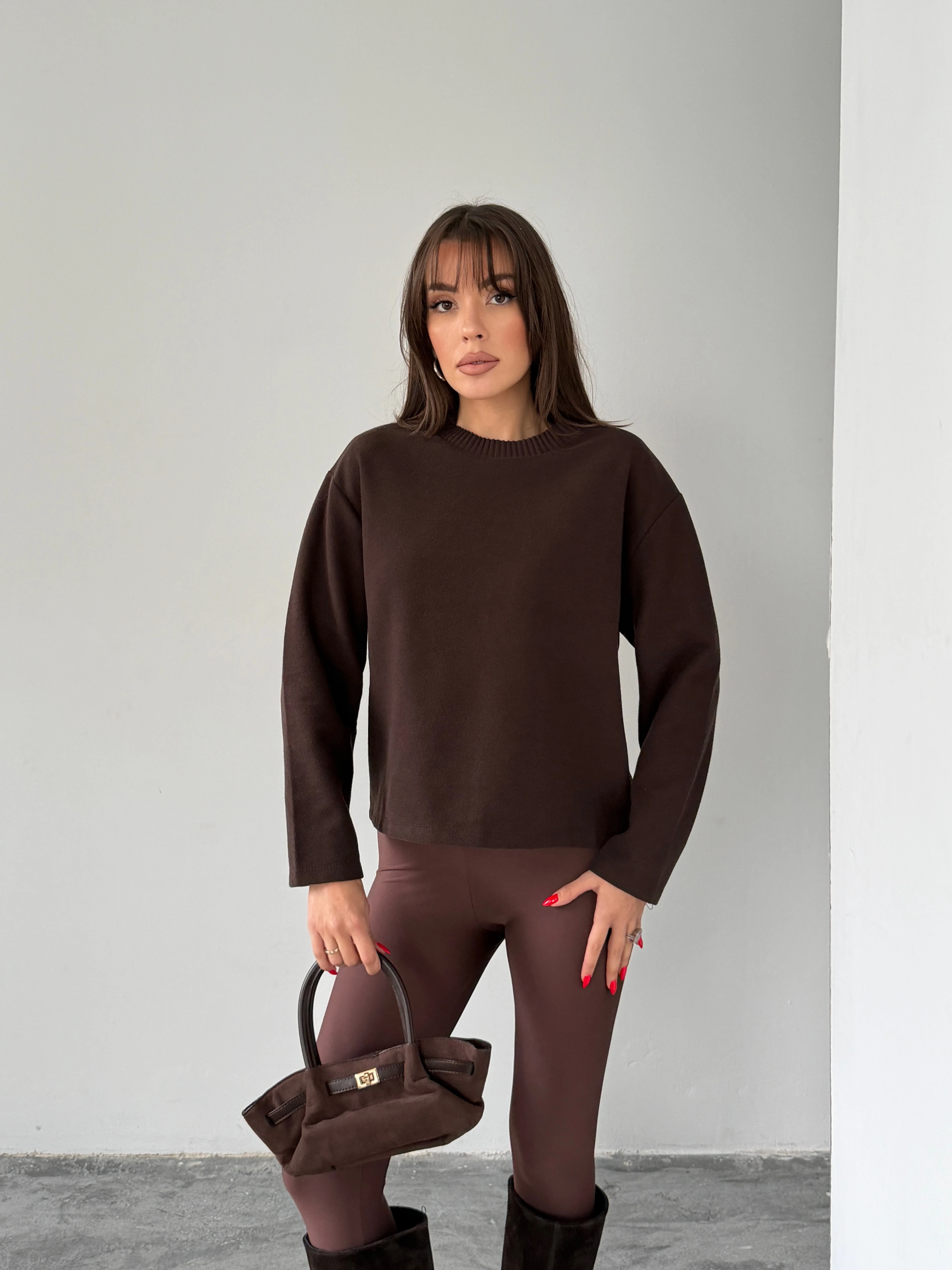 Yaka Ribana Detay Sweat - Kahve