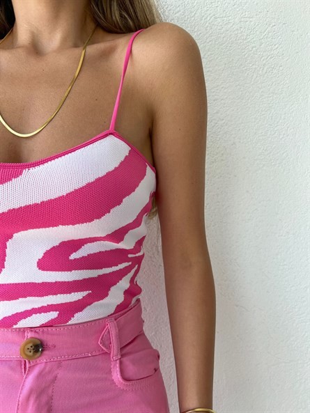 İp Askı Zebra Desenli Triko Bluz Pembe-Beyaz