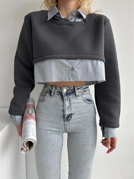 Gömlek Detay Tasarım Sweatshirt Füme