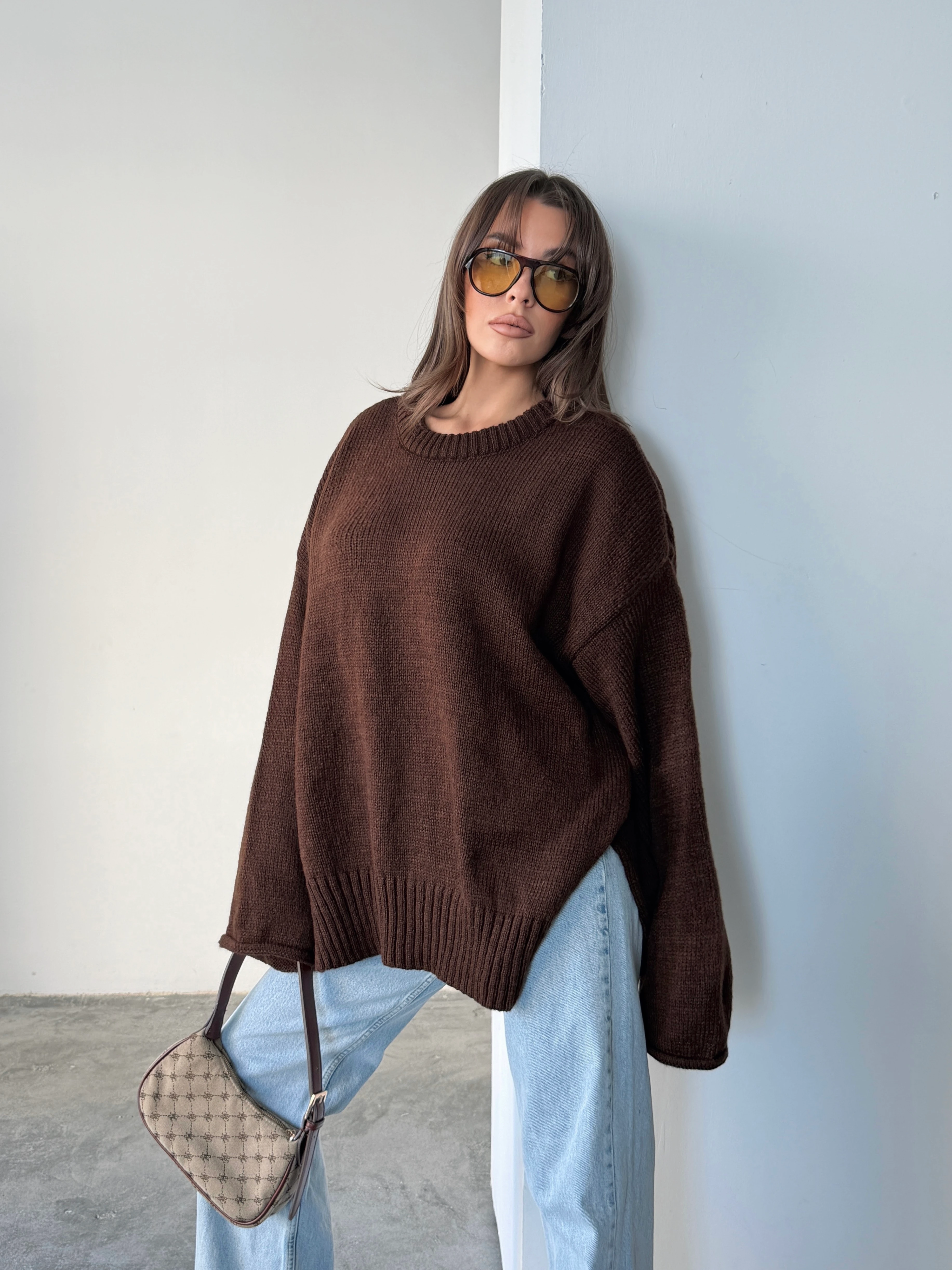 Yırtmaçlı Basic Triko  - Acı kahve