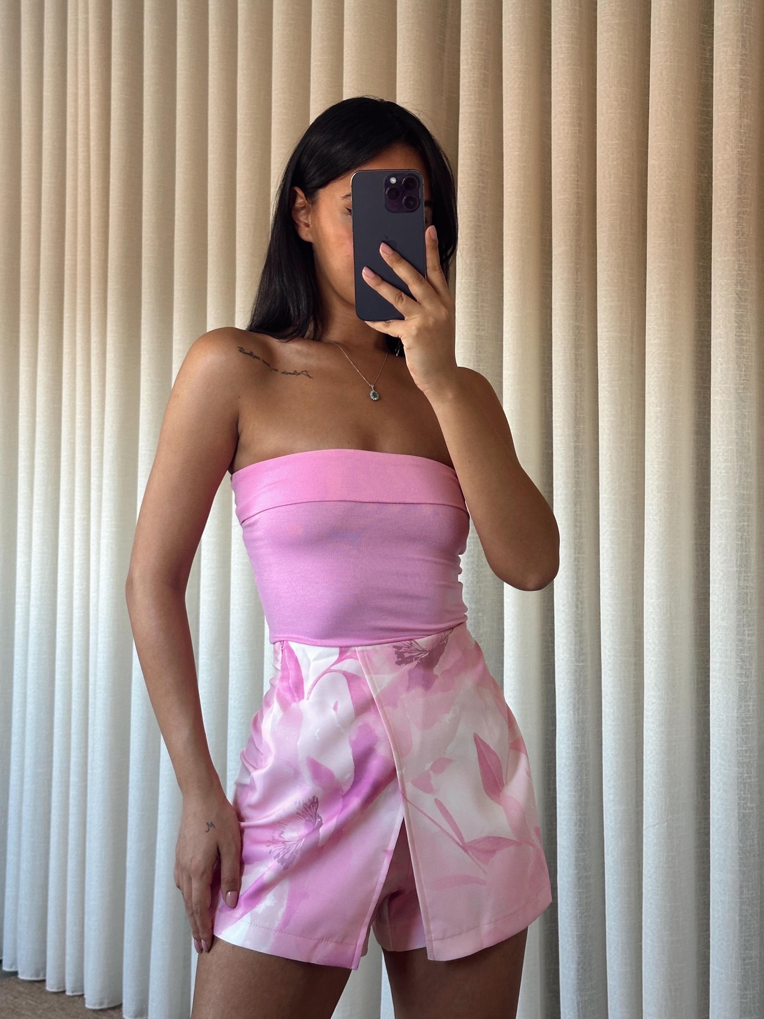 Çiçek Baskılı Mini Şort Etek - Pembe