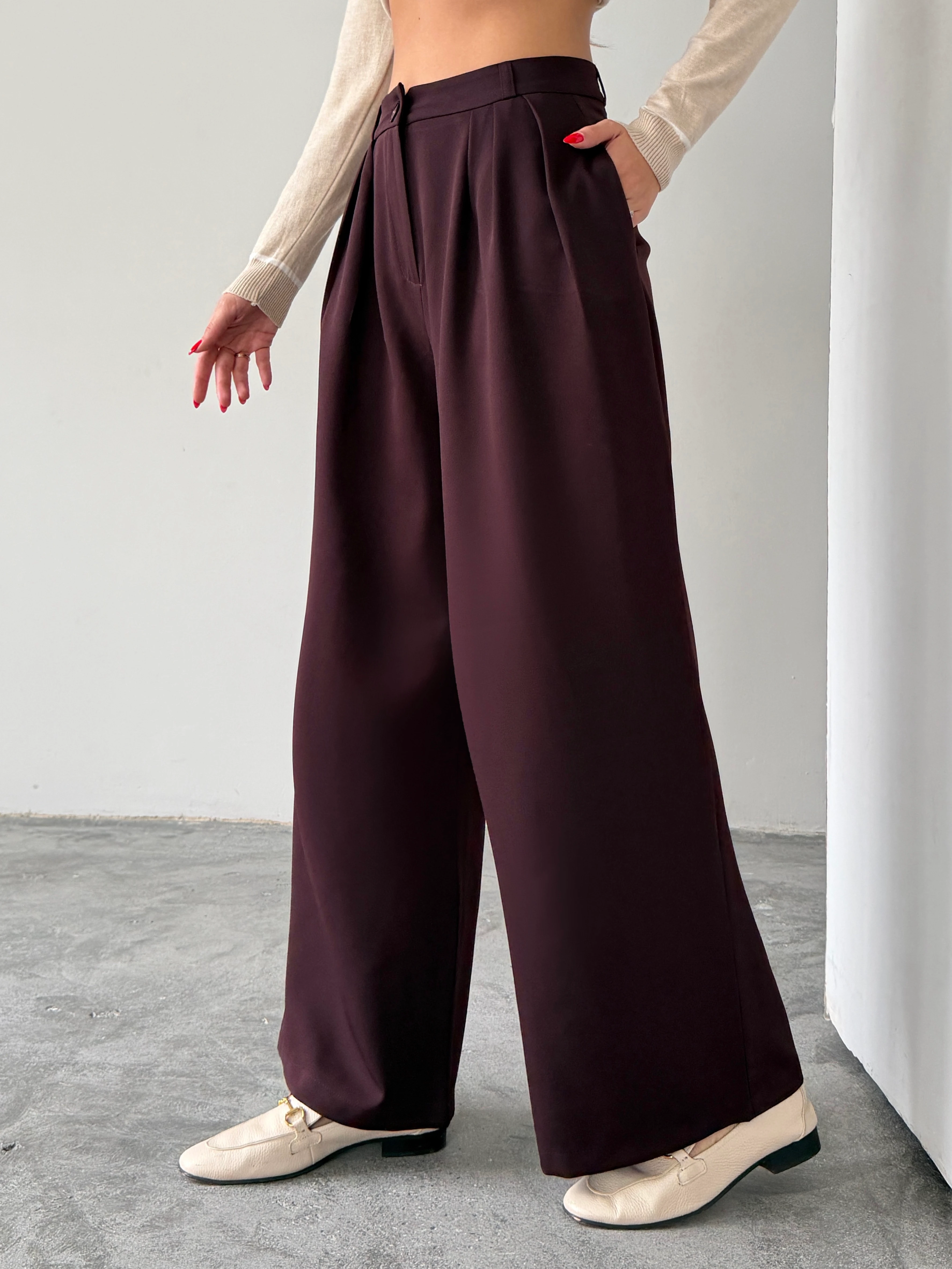 Üç Pile Palazzo Pantolon - Mürdüm