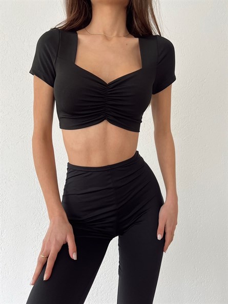 Drapeli Kalp Yaka Crop Siyah