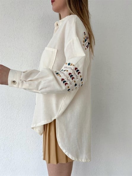 Etnik Nakışlı Oversize Gömlek Ekru