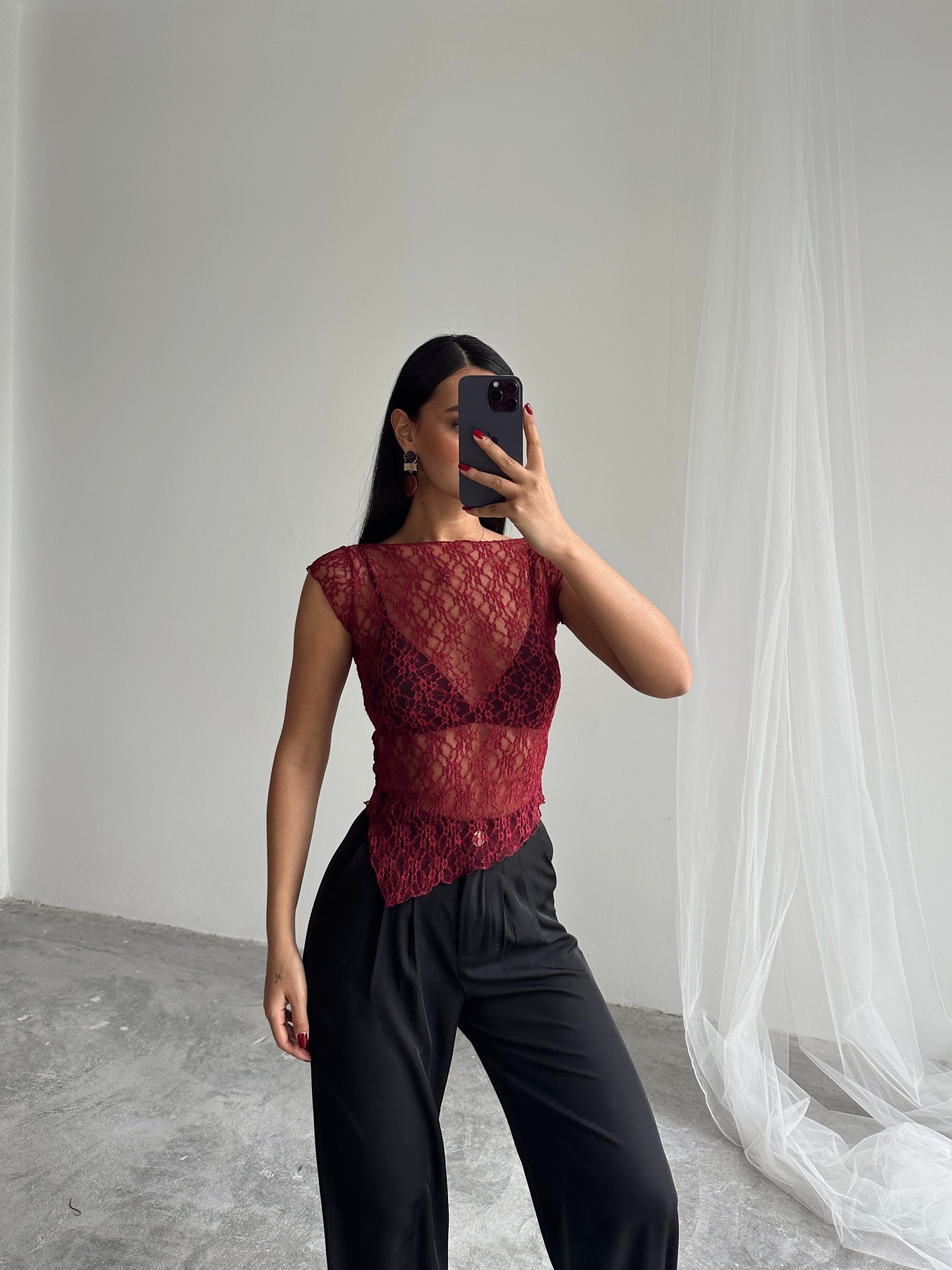 Asimetrik Dantel Bluz - Bordo