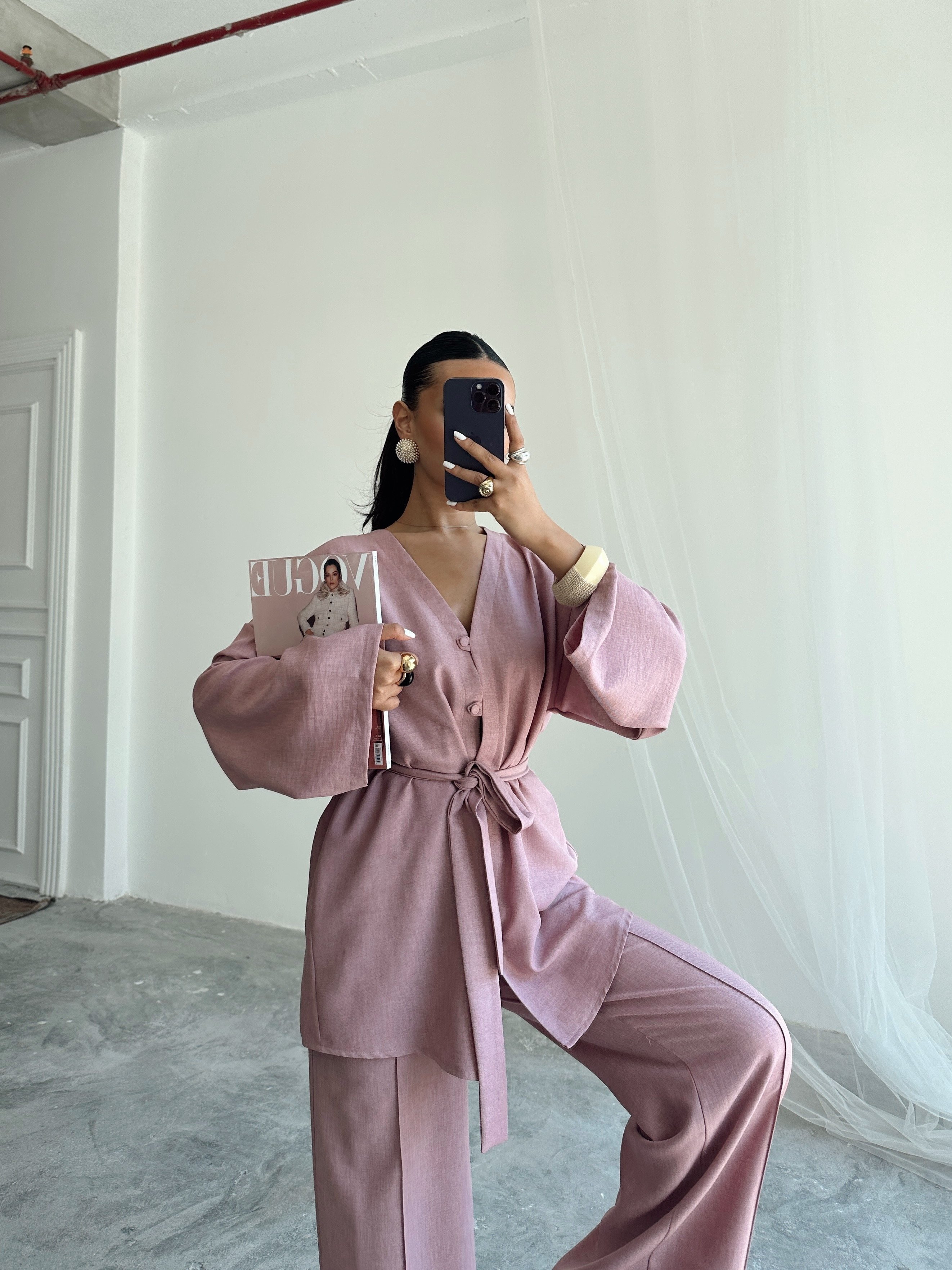 Düğme Detay Kuşaklı Kimono Takım - Pudra Pembe