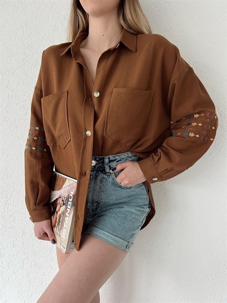 Etnik Nakışlı Oversize Gömlek Kahverengi