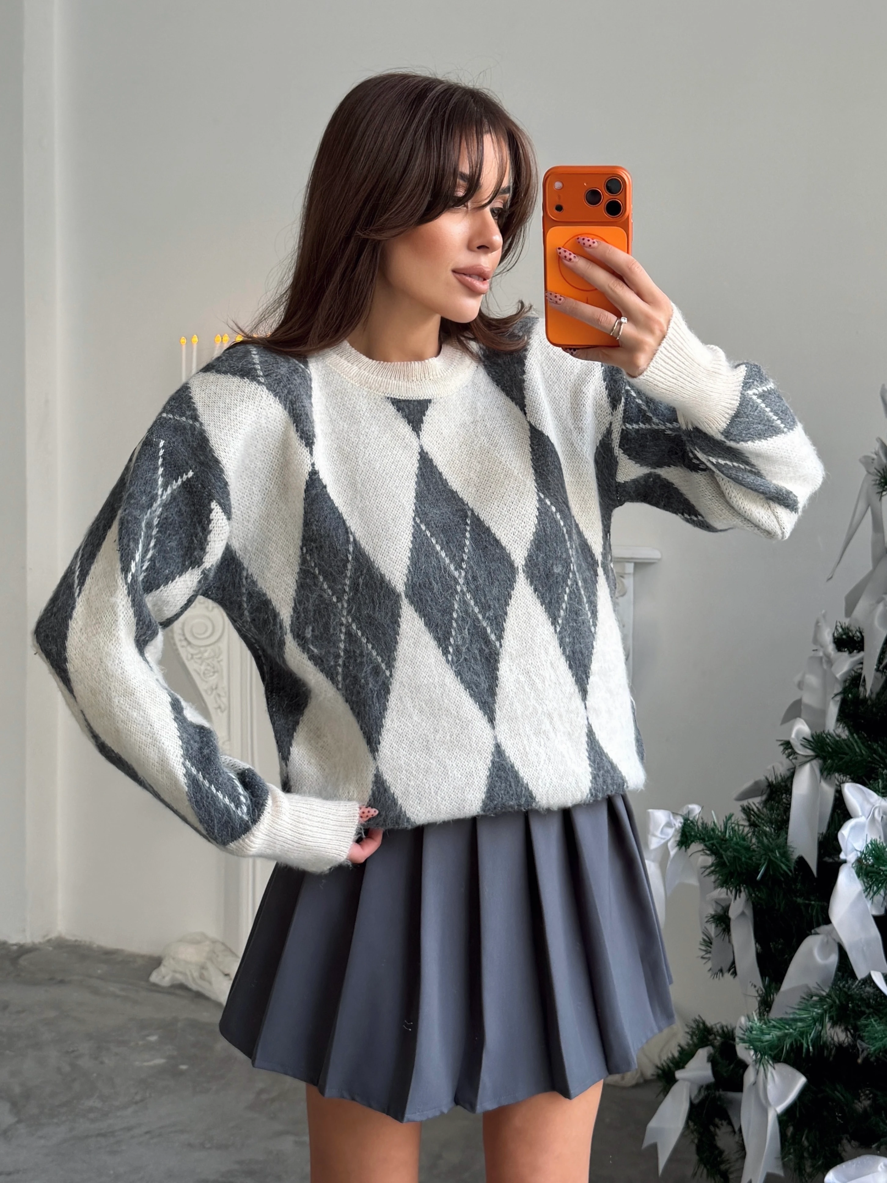 Ribanalı Baklava Desen Kazak - Gri