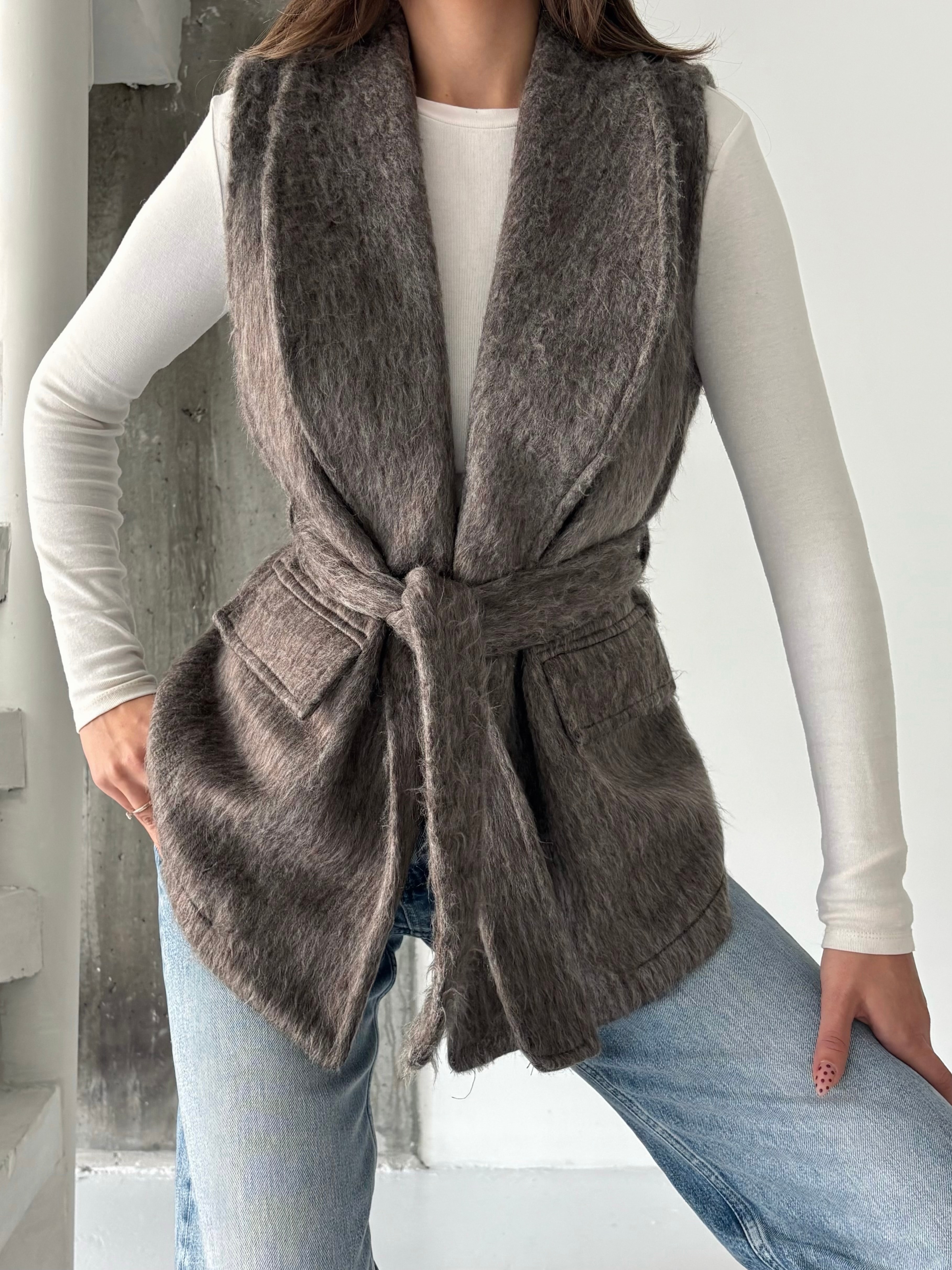 Kırçıllı Kuşaklı Yelek - Kahve