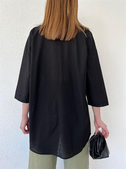 Fakir Kol Oversize Keten Gömlek Siyah