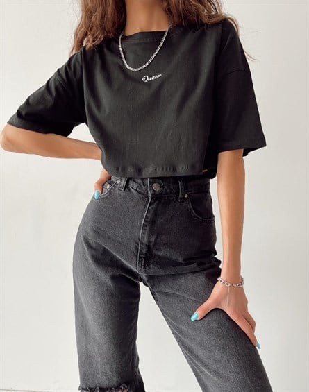 Queen Bisiklet Yaka Croptop Siyah