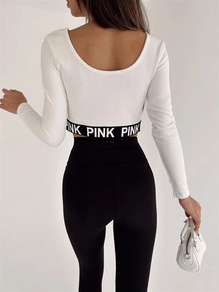 Geniş Yaka Fitilli Crop Bluz Beyaz