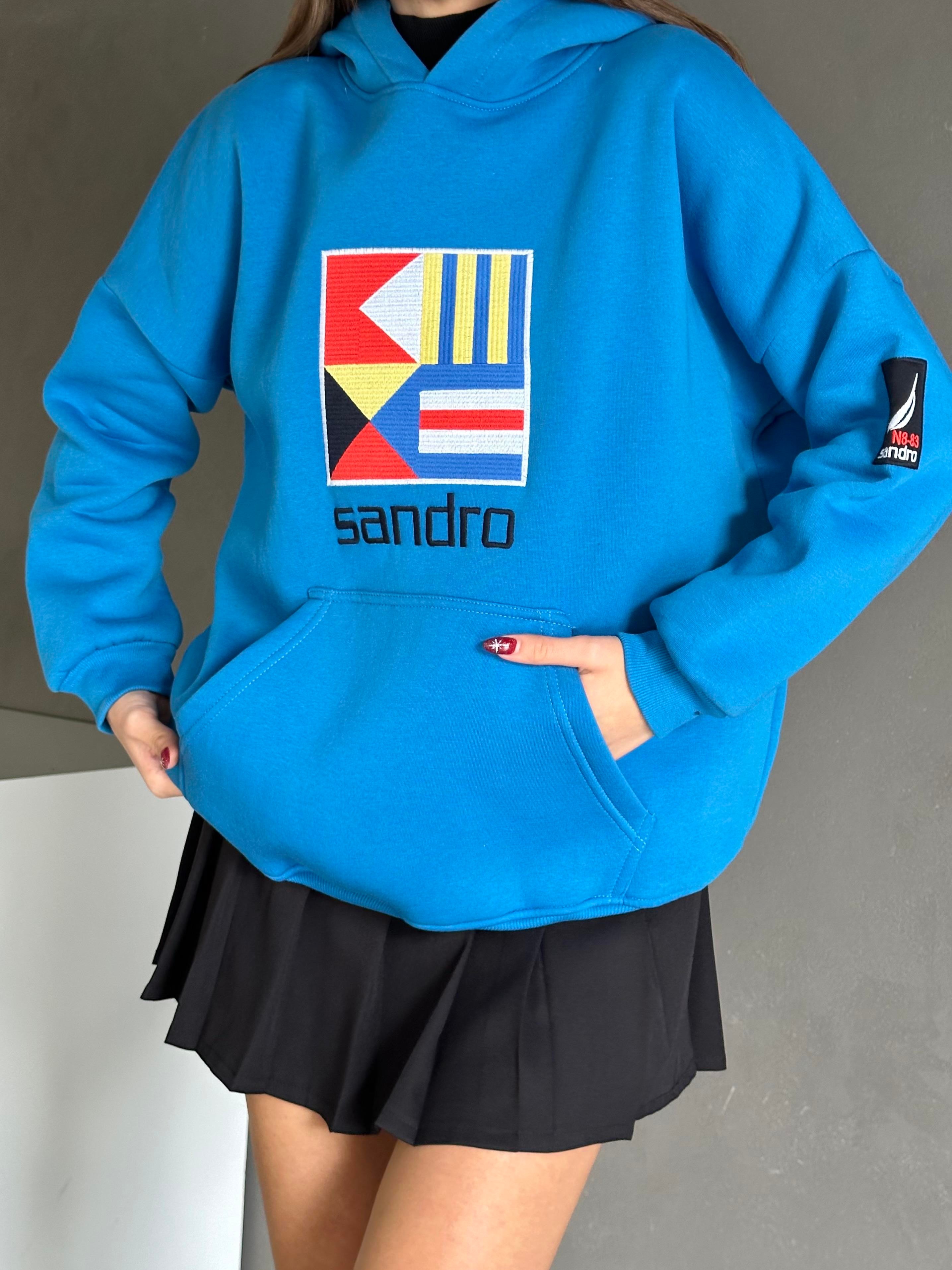 Sandro Kabartma İşleme Oversize 3 İplik Sweatshirt Mavi