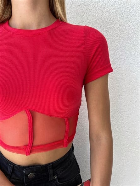 Transparan Korse Detay Basic Bluz Kırmızı