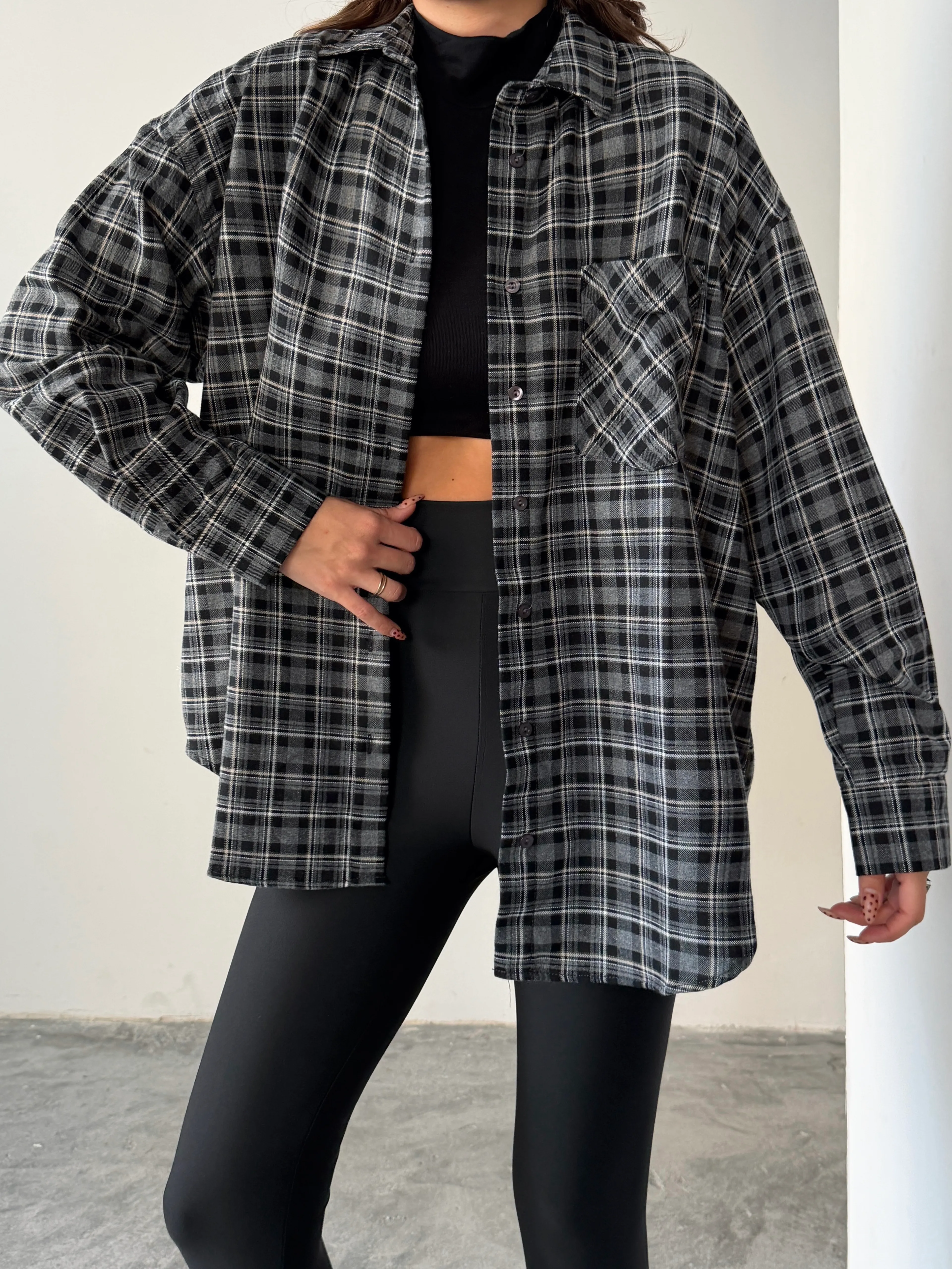 Kareli Oversize Gömlek - Siyah