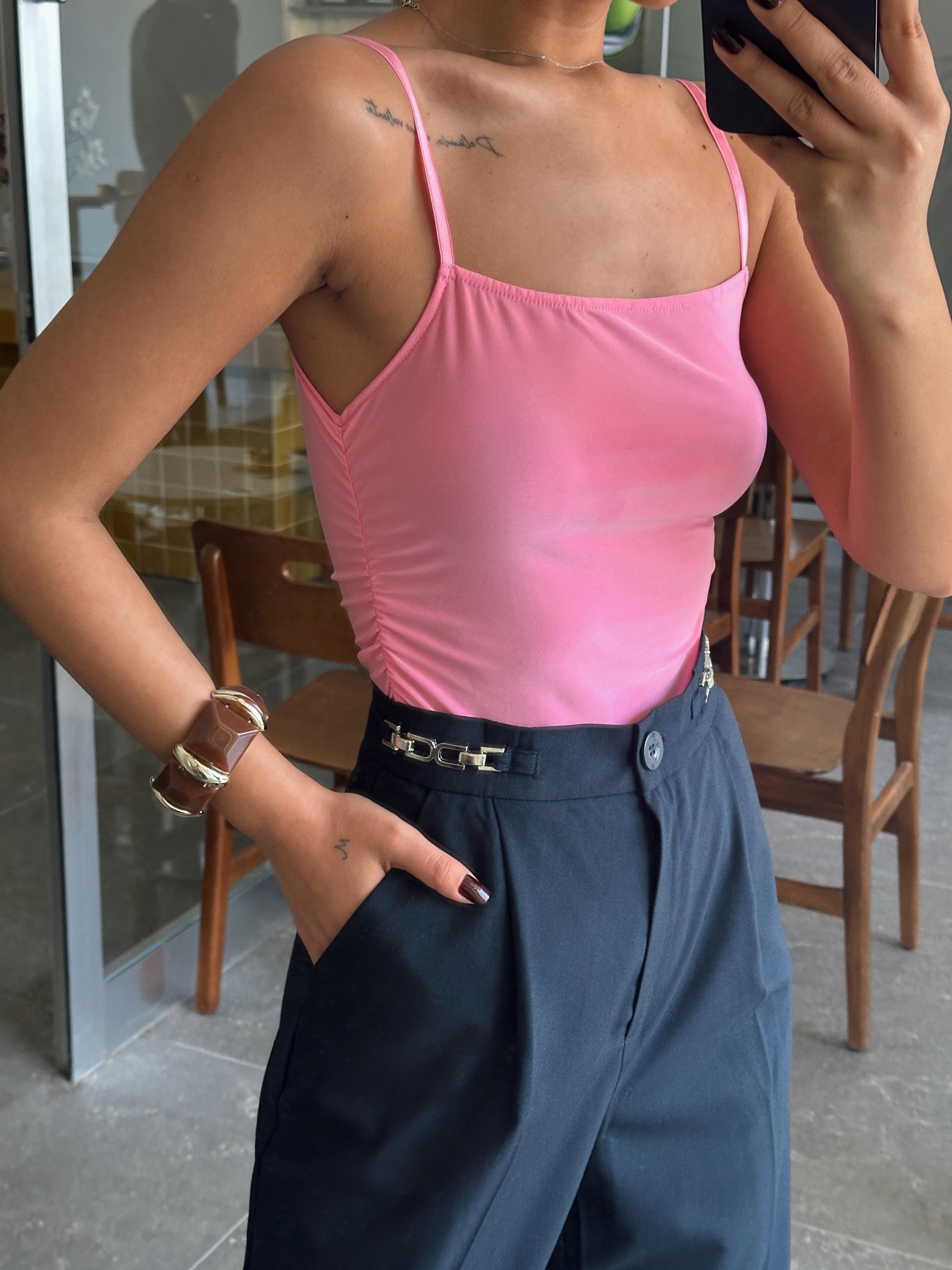 Yan Büzgülü Bodysuit Pembe