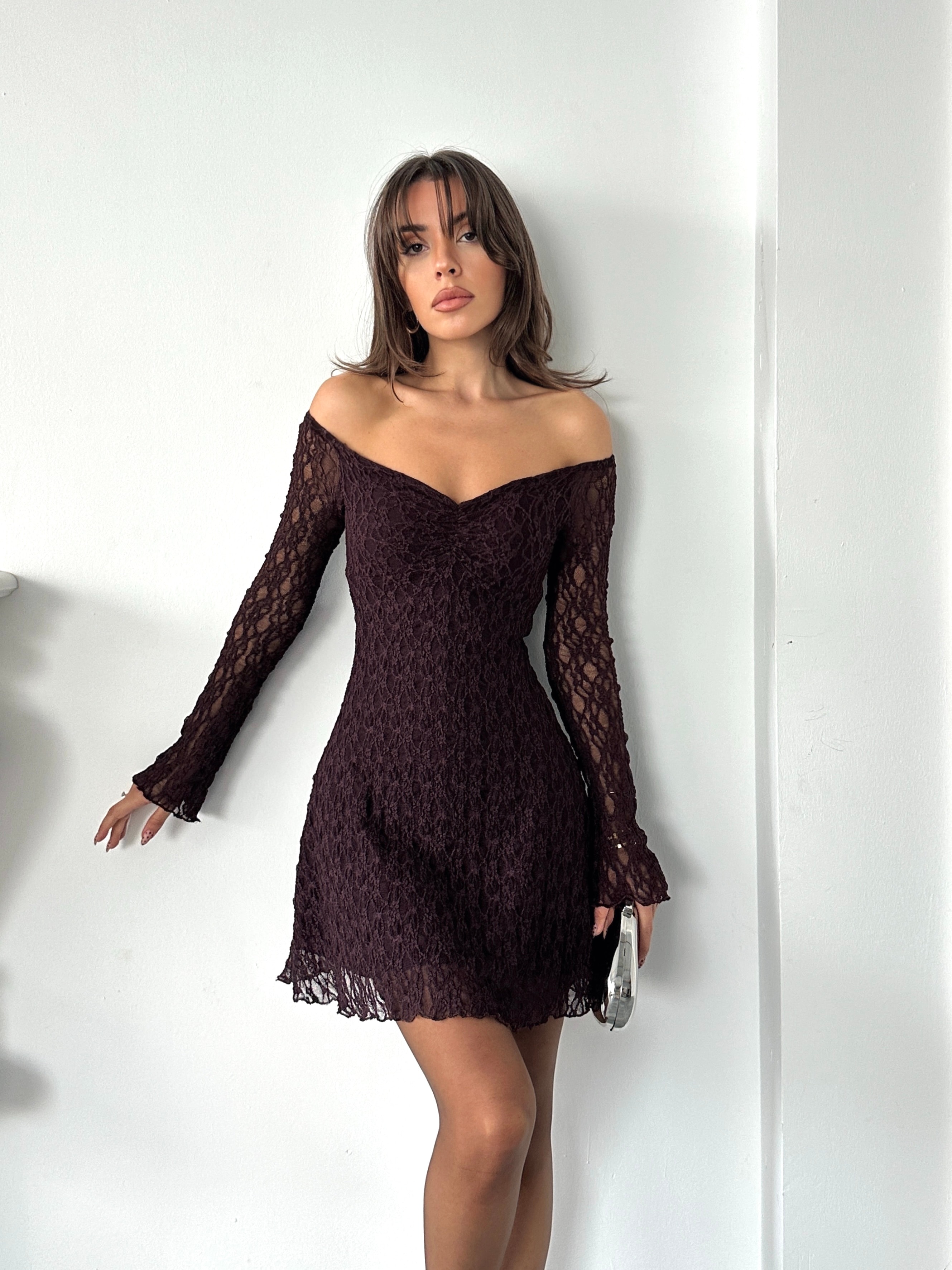 Mini Dantel Elbise - Mürdüm