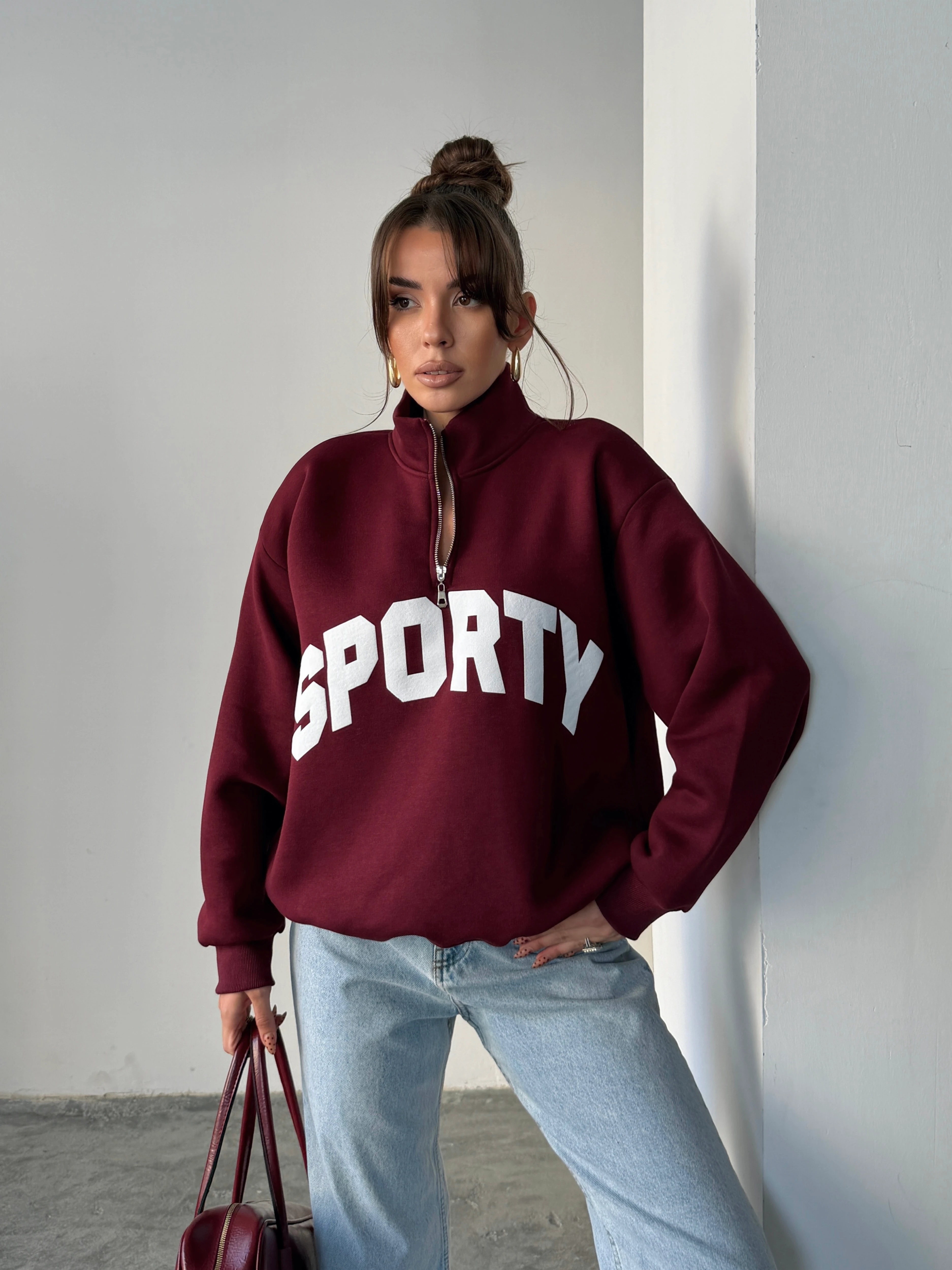 Sporty Yarım Fermuar Sweat - Bordo