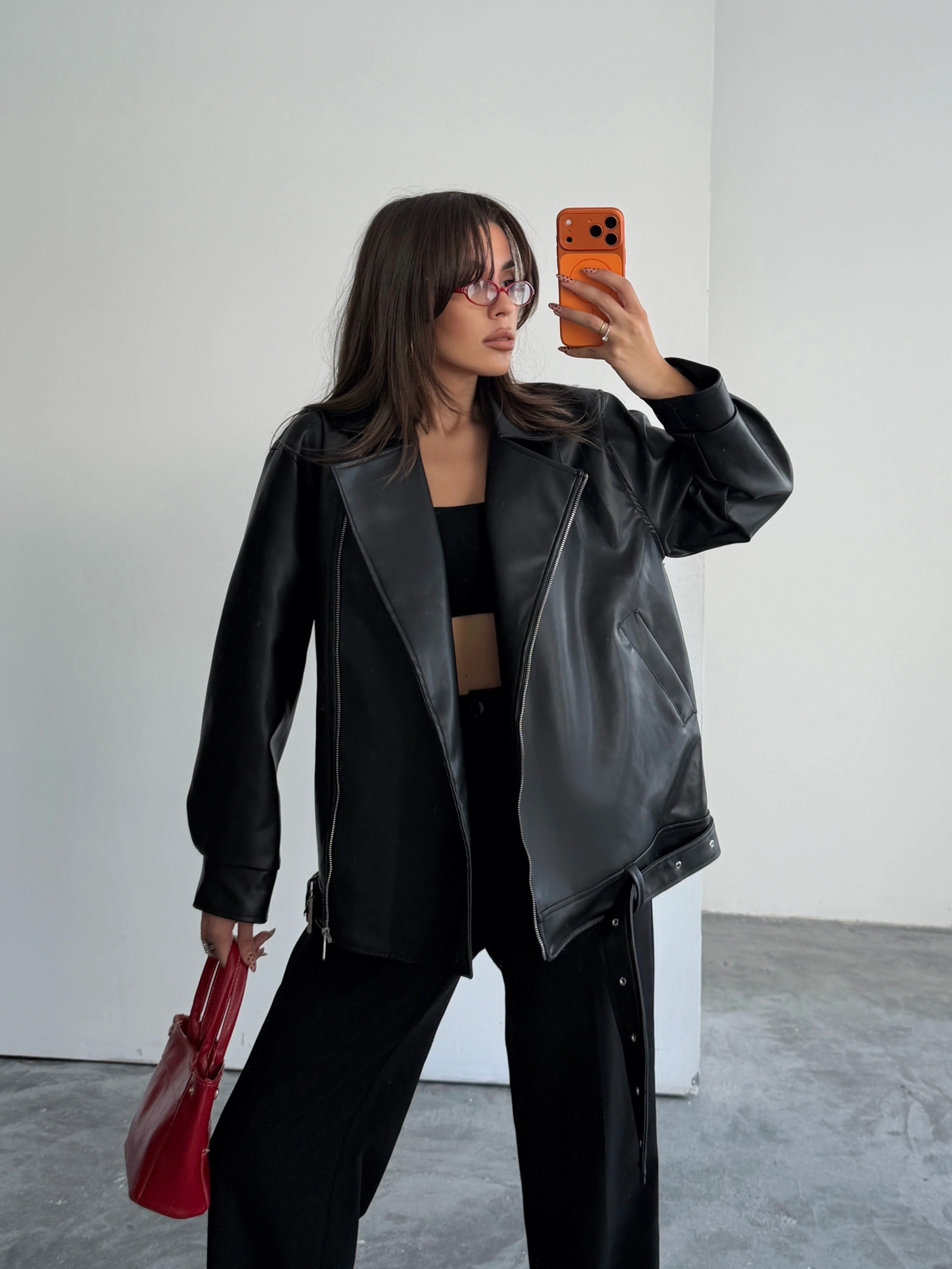 Kemerli Oversize Deri Ceket  - Black