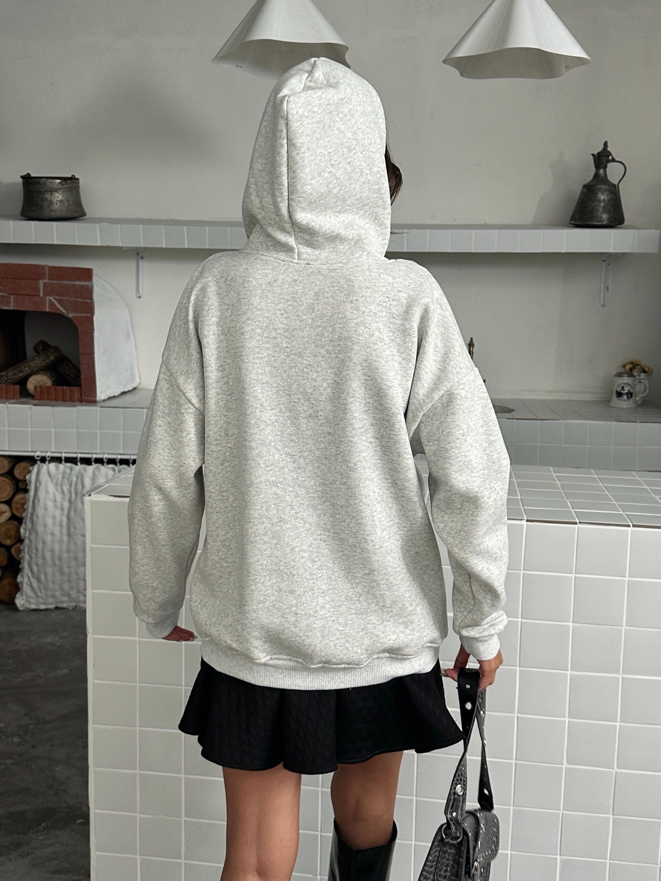Fermuarlı Kapüşonlu Sweat Hırka - Gri