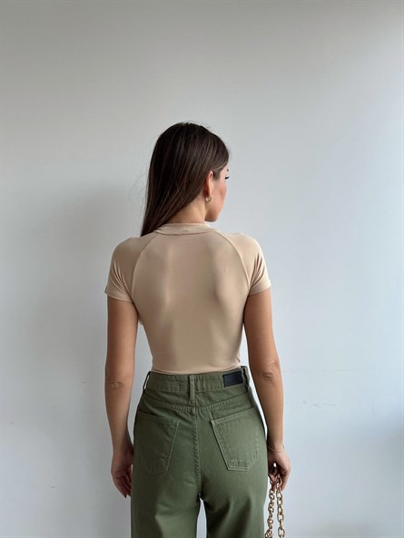 Fermuarlı Dik Yaka Sandy Bodysuit Bej