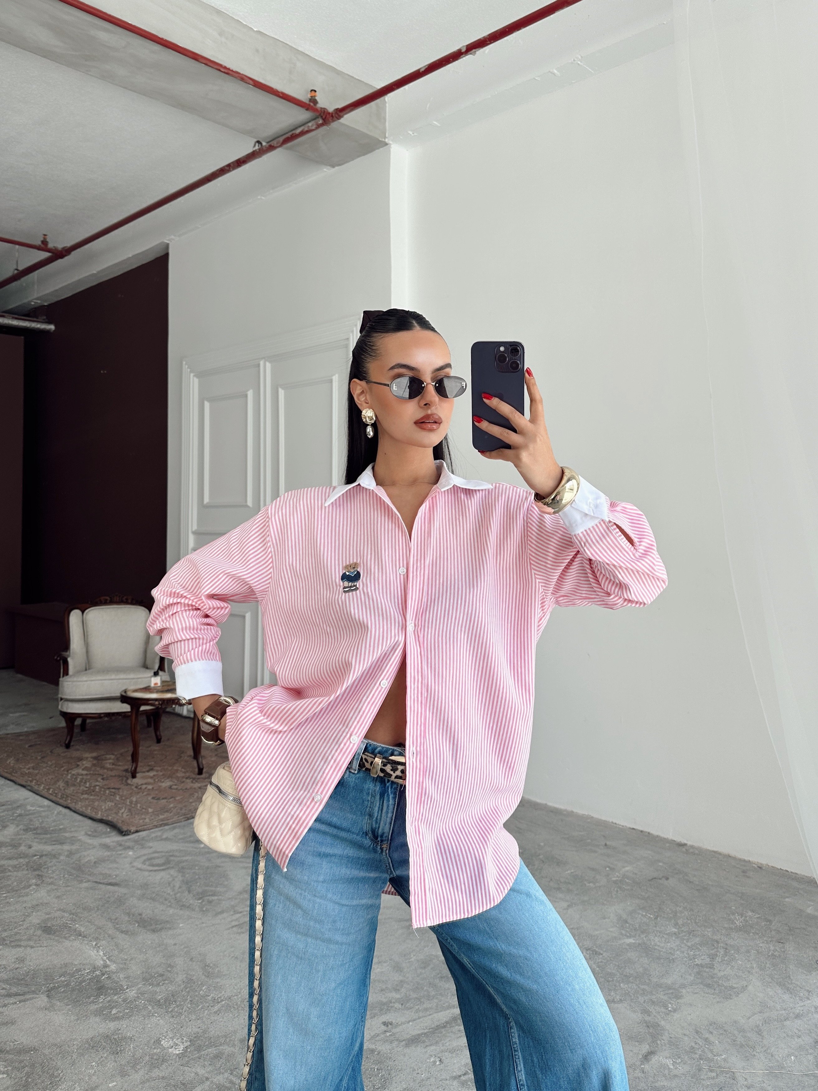 Çizgili Ayıcıklı Gömlek - Pembe