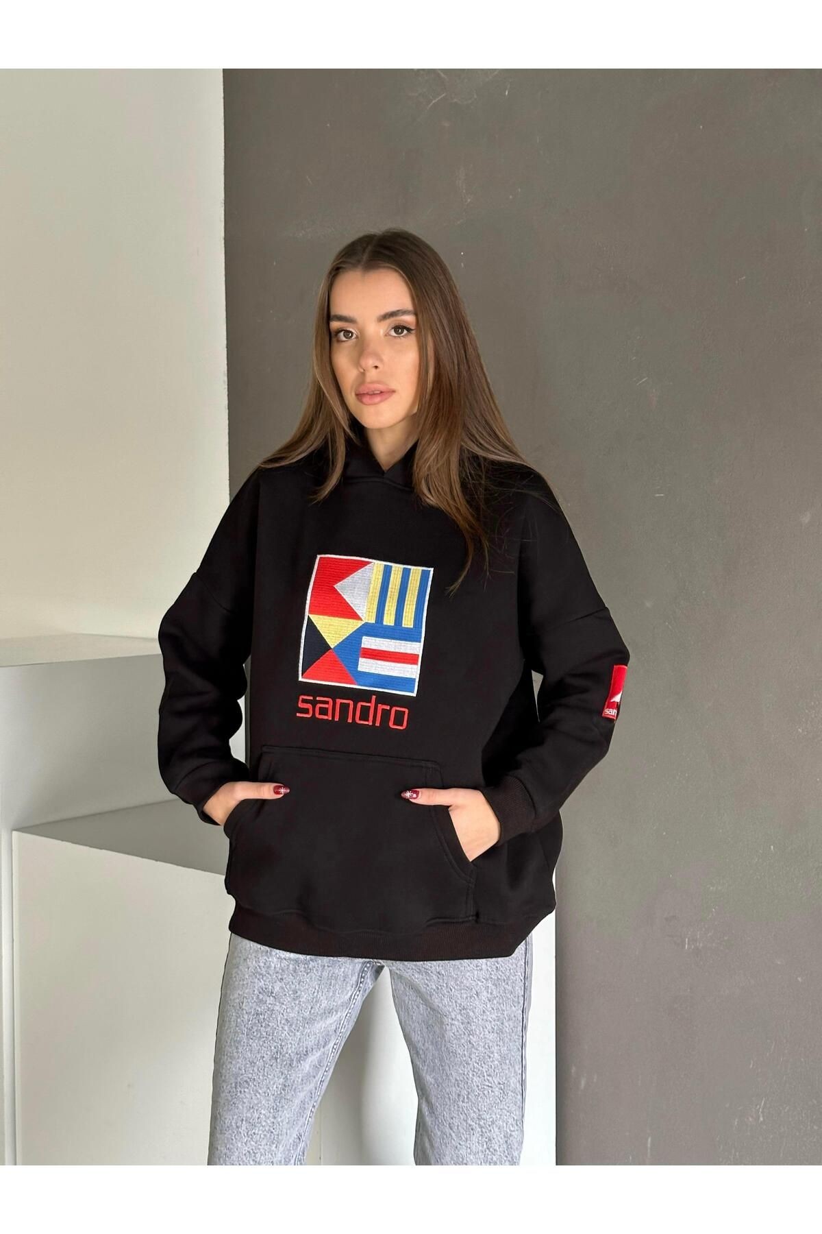 Sandro Kabartma İşleme Oversize 3 İplik Sweatshirt Siyah