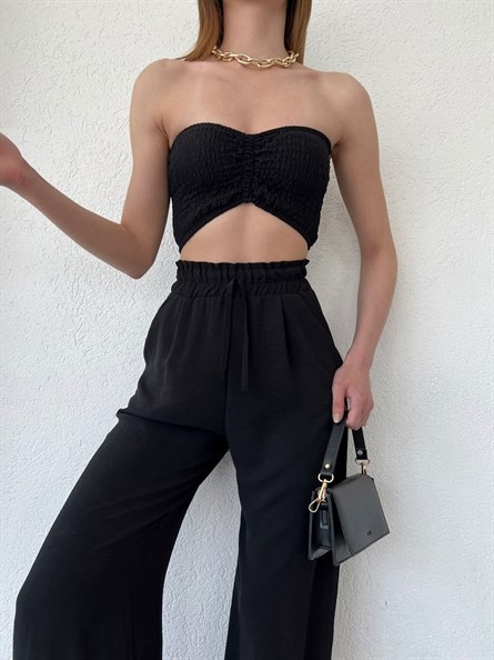 Drapeli Gofre Straplez Crop Siyah