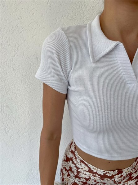 Polo Yaka Kaşkorse Crop Beyaz