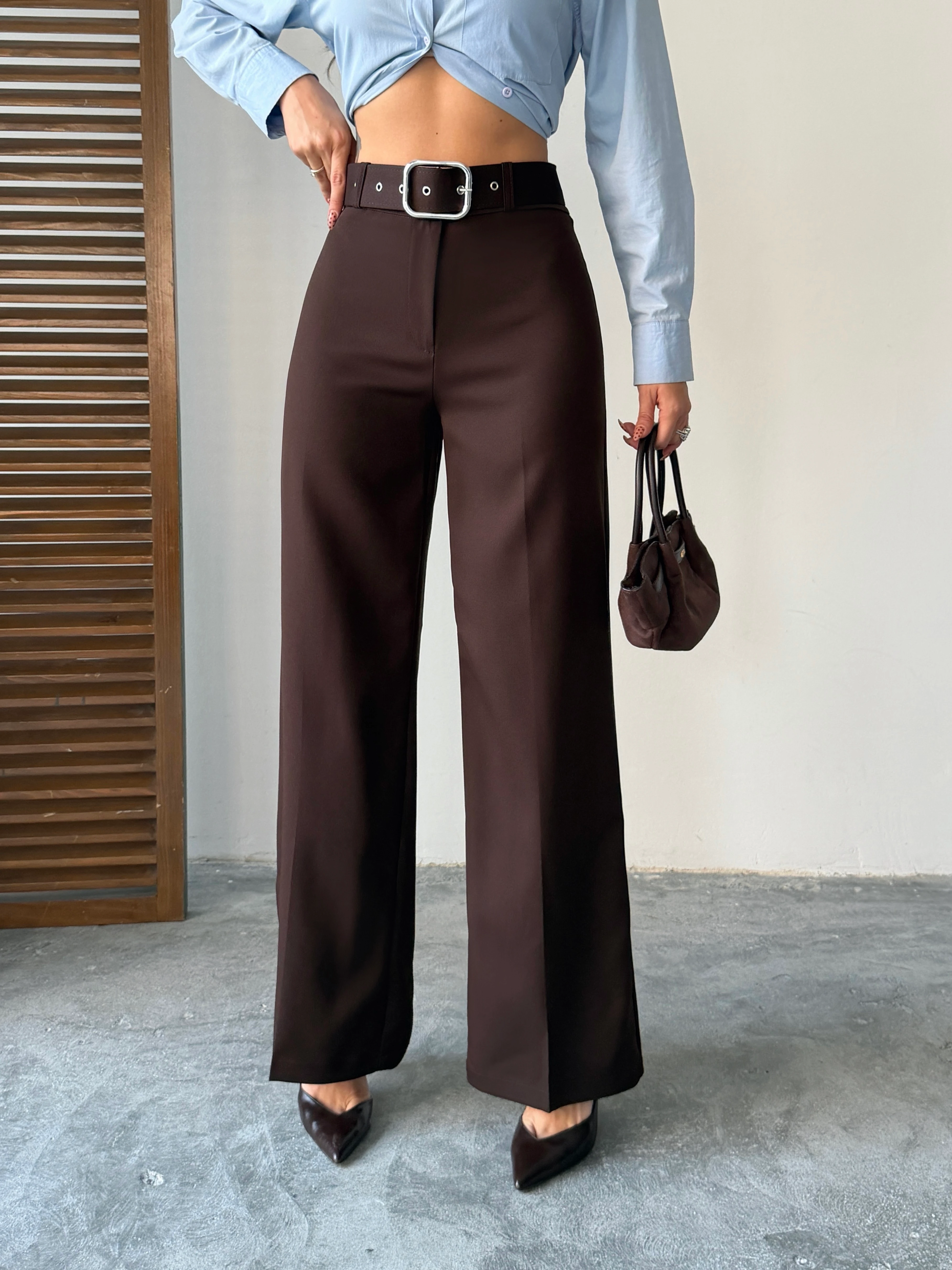 Kemerli Palazzo Pantolon  - Kahve