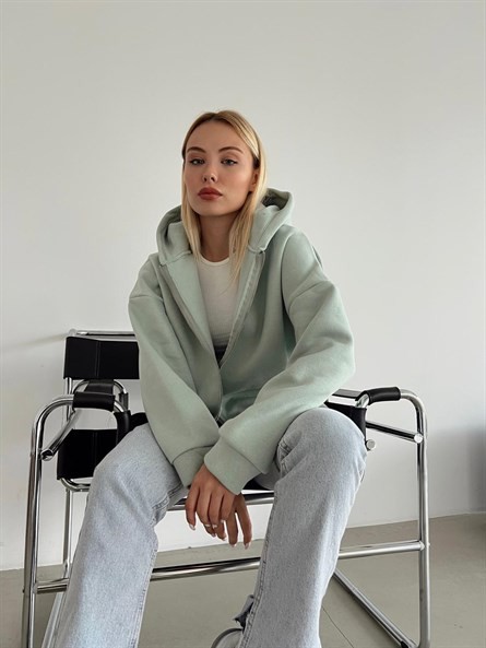 3 İplik Kapüşonlu Fermuarlı Sweatshirt Mint