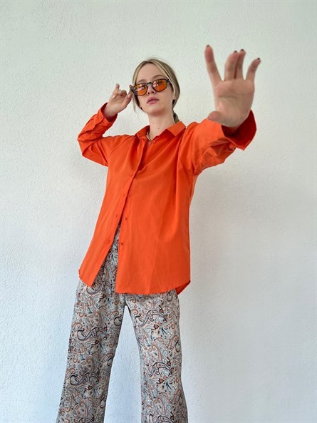 Kol Çift Düğme Oversize Poplin Gömlek Oranj